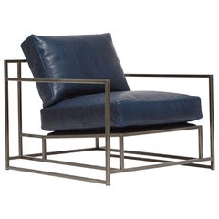 Sillón de cuero azul marino y níquel antiguo