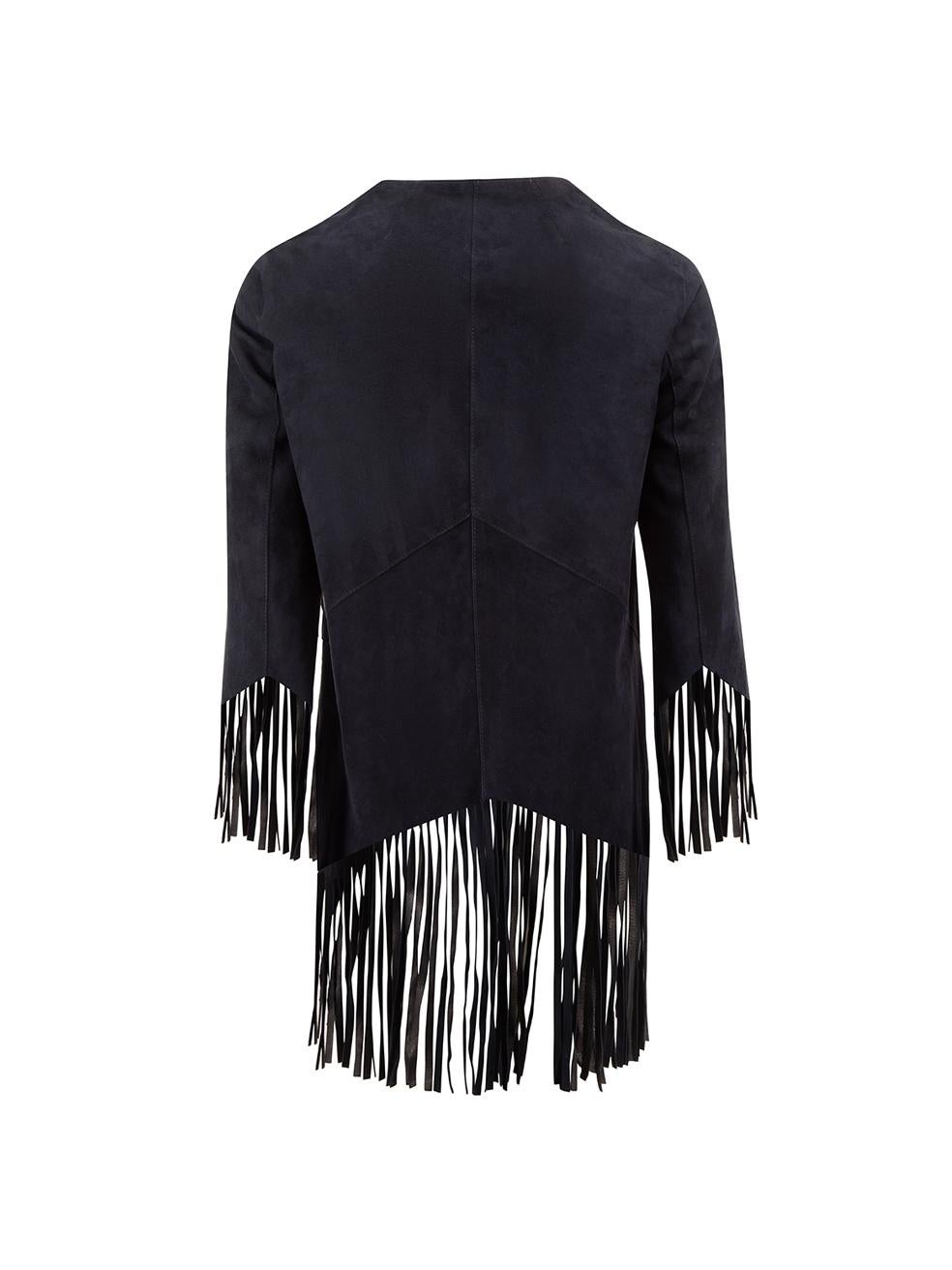 Navy Leather Fringe Zipped Jacket Size S In Good Condition In London, GB