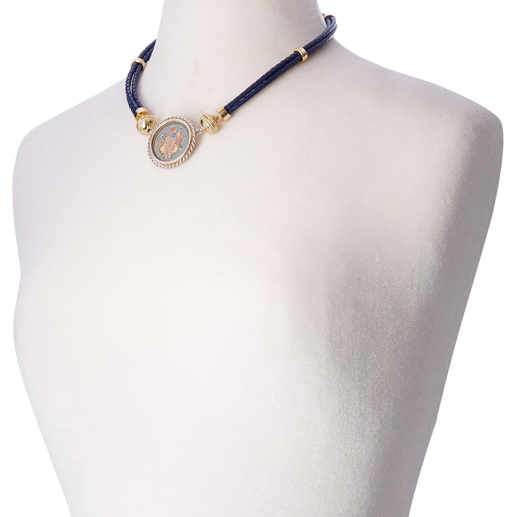 Contemporary Navy Braided Leather Necklace For Sale