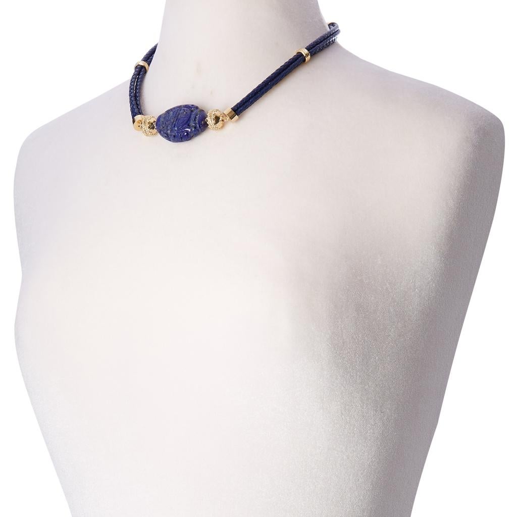 Navy Braided Leather Necklace In New Condition For Sale In Chicago, IL