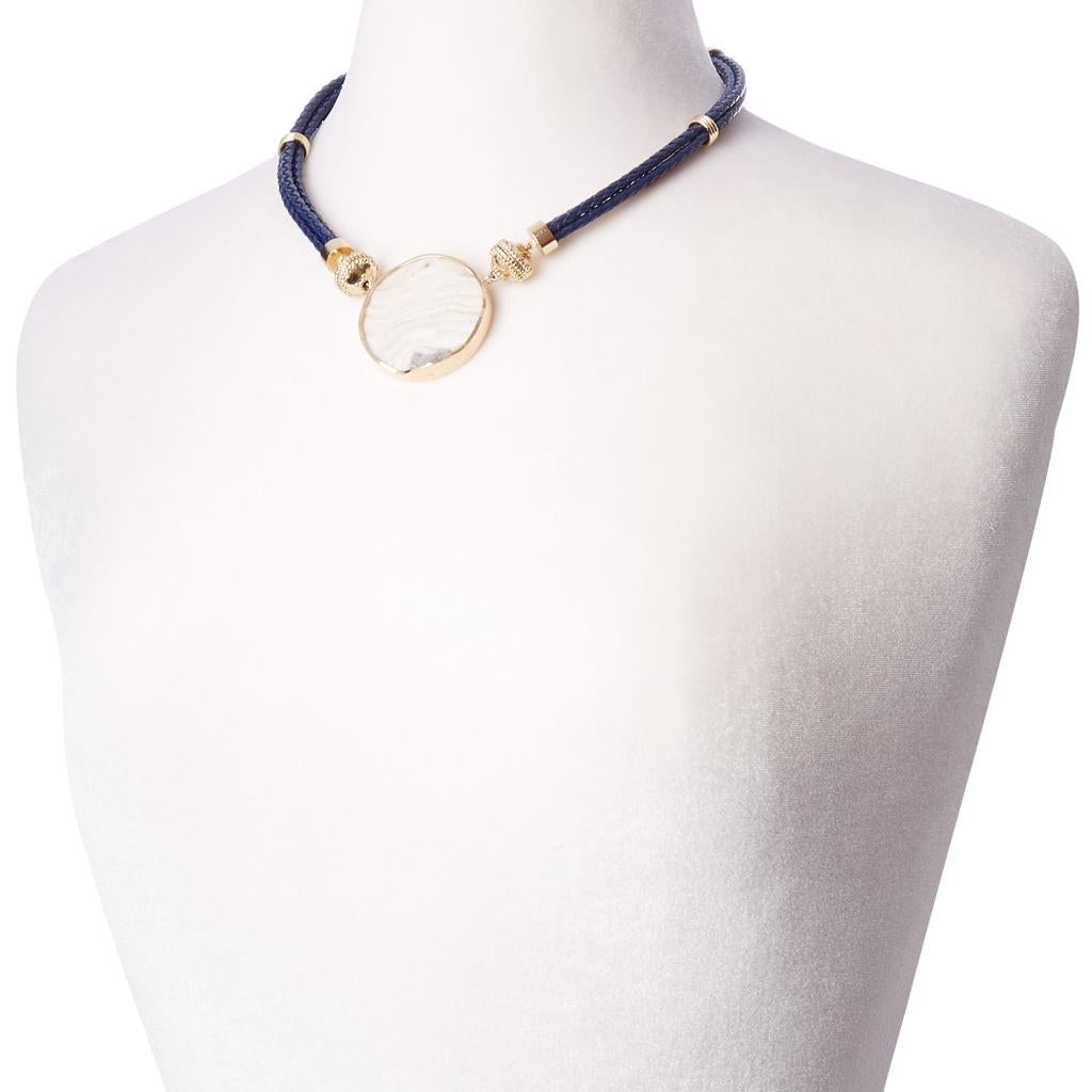 Women's Navy Braided Leather Necklace For Sale