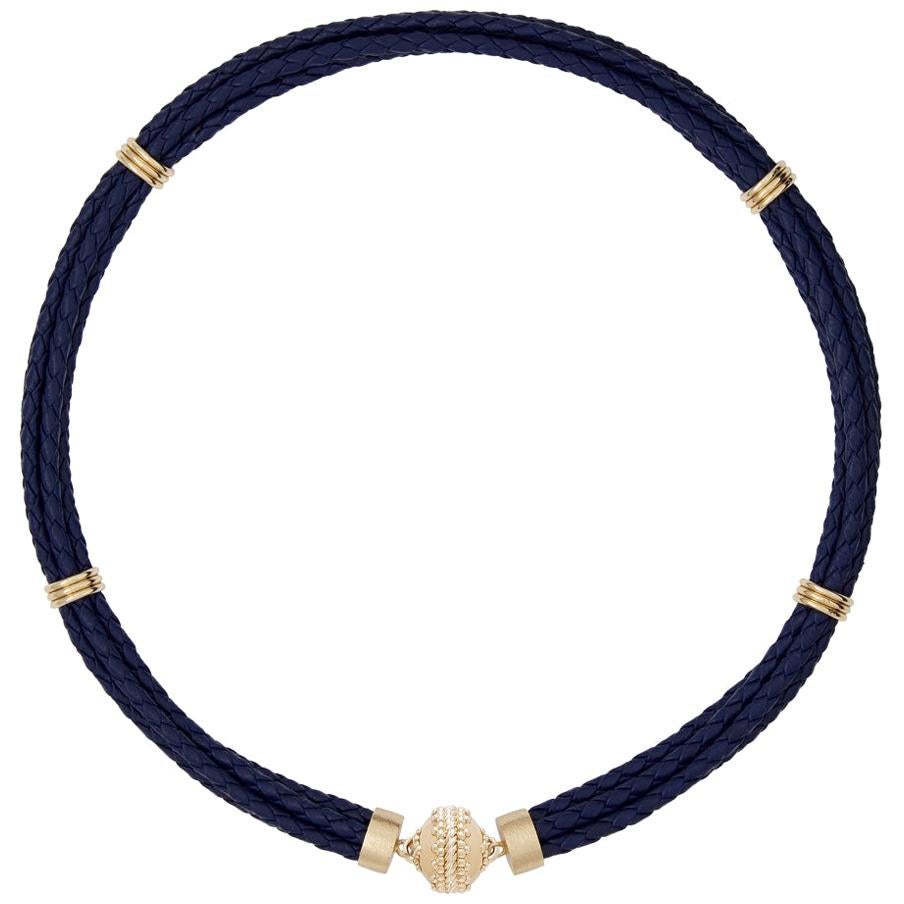 Navy Braided Leather Necklace For Sale