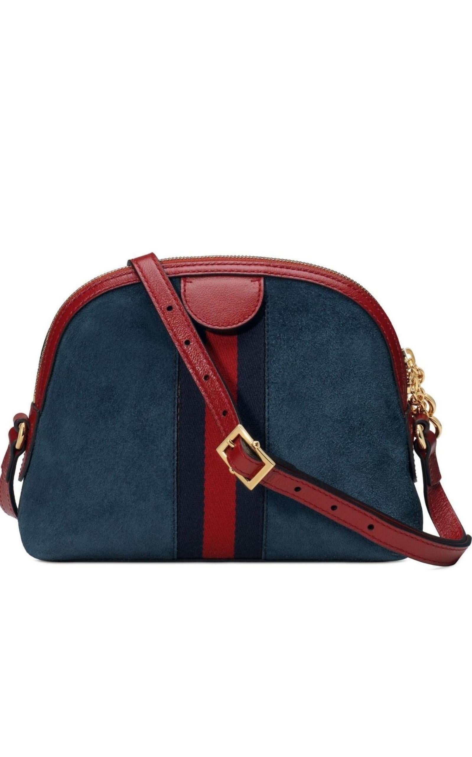 Gucci Navy Leather Suede Ophidia Shoulder Bag In New Condition For Sale In Brossard, QC