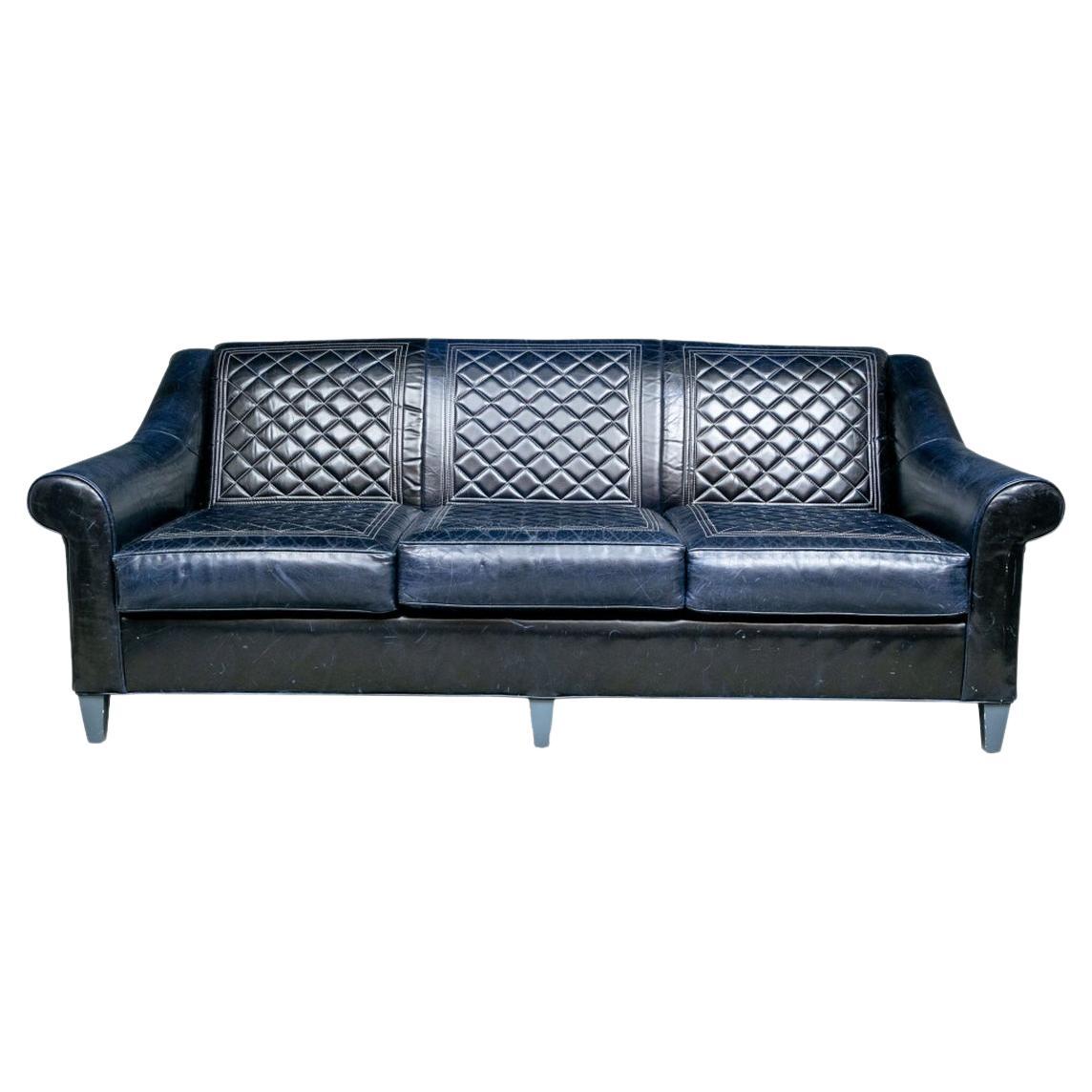 Navy Leather Three Seat Sofa