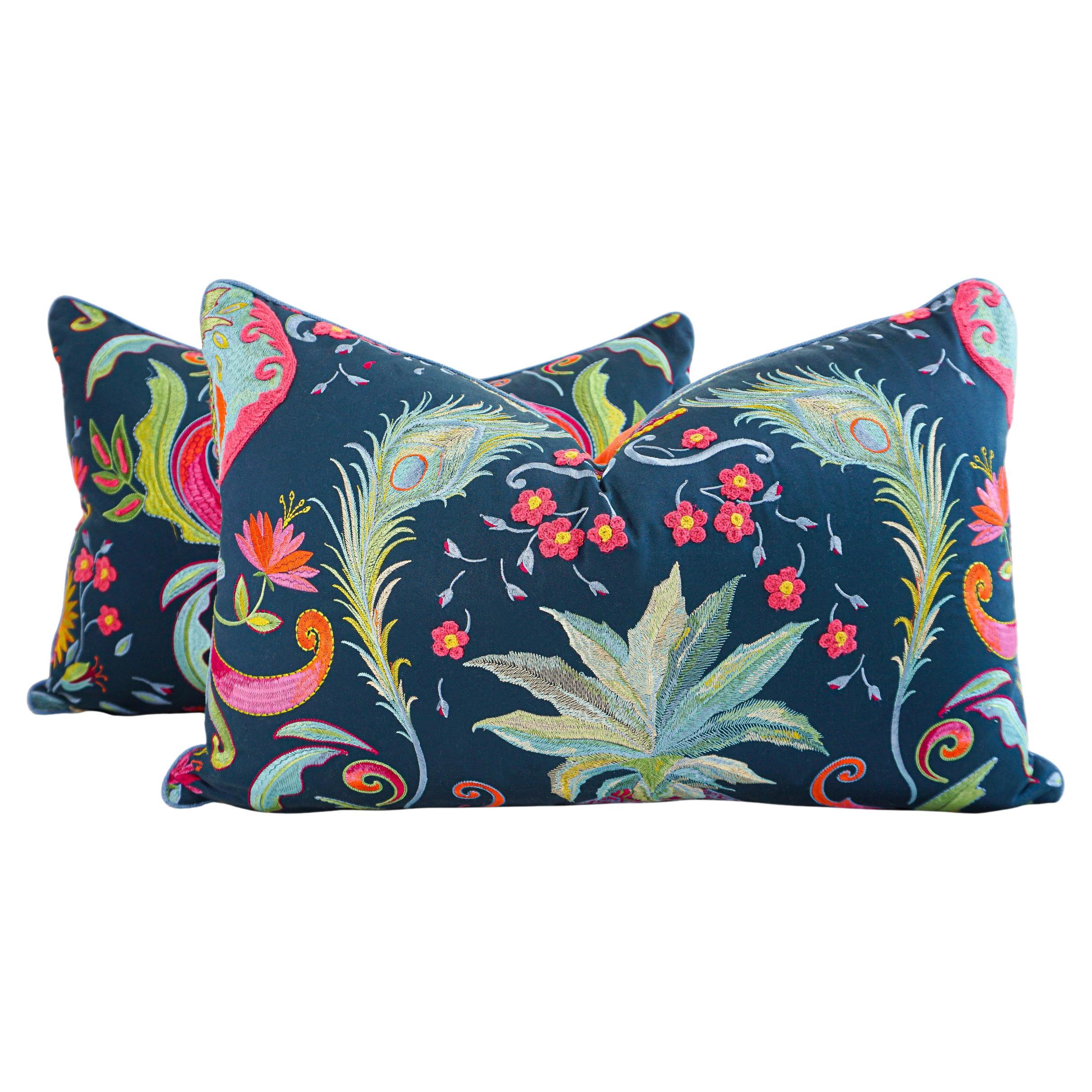 Navy Lumbar Pillow with Fluorescent Embroidery For Sale