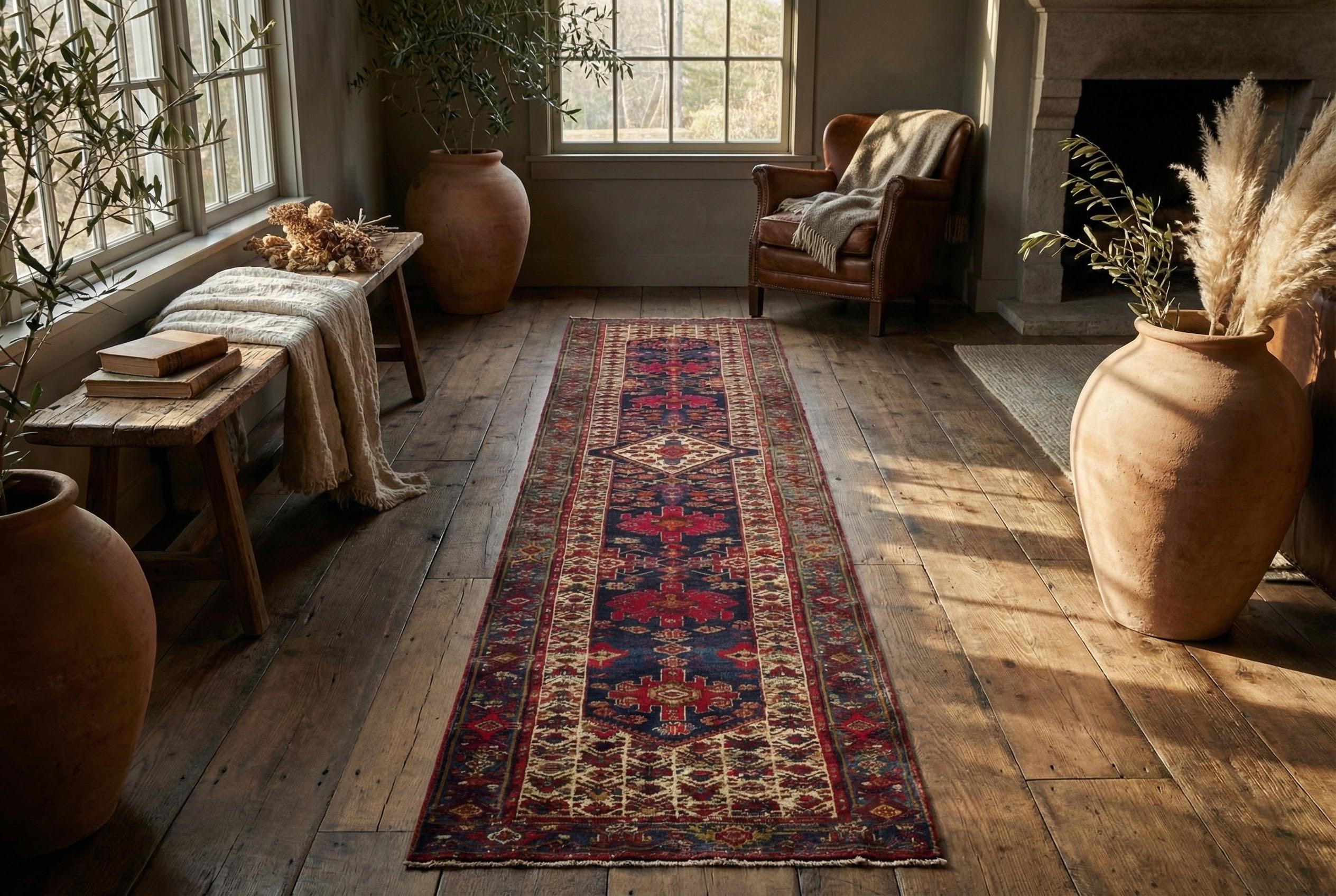 Dieser antike persische Malayer-Galerieläufer, der um 1870-1890 gewebt wurde, misst ungefähr 3 Fuß x 20 Fuß (ca. 5,72 m²) und gehört zur Größenklasse der Galerieläufer, die ideal für lange Flure und Übergangsbereiche sind. Handgeknüpft mit einem