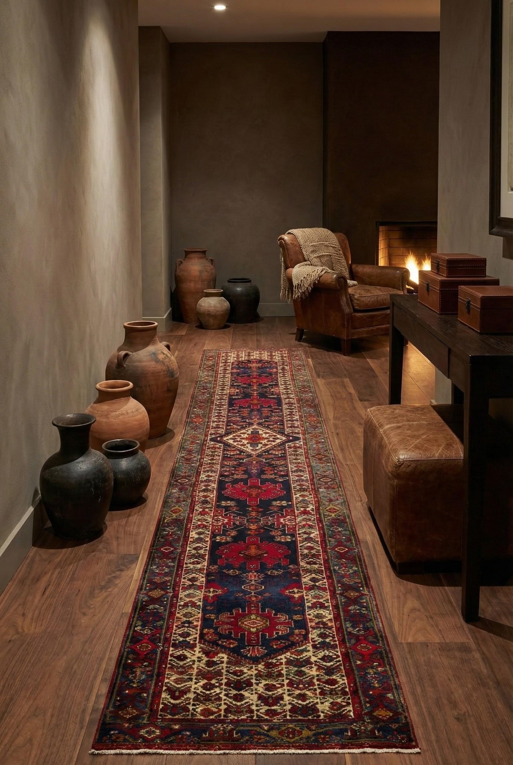 Navy Malayer Wool Hand Knotted Runner 3 ft x 19 ft, Diamond Medallion Harmony (Persisch) im Angebot