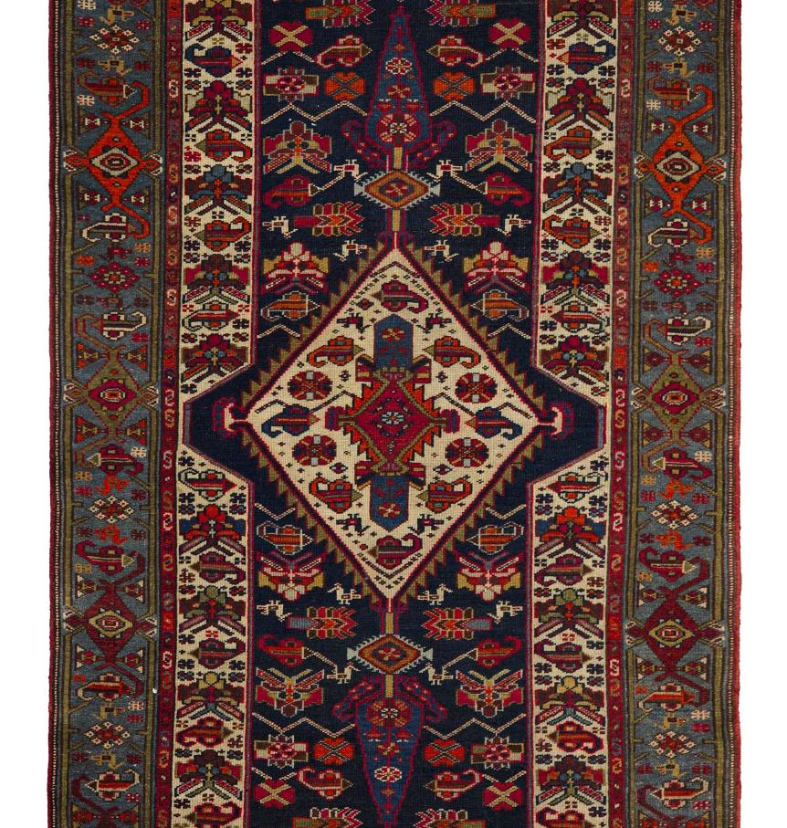 Navy Malayer Wool Hand Knotted Runner 3 ft x 19 ft, Diamond Medallion Harmony im Angebot 1