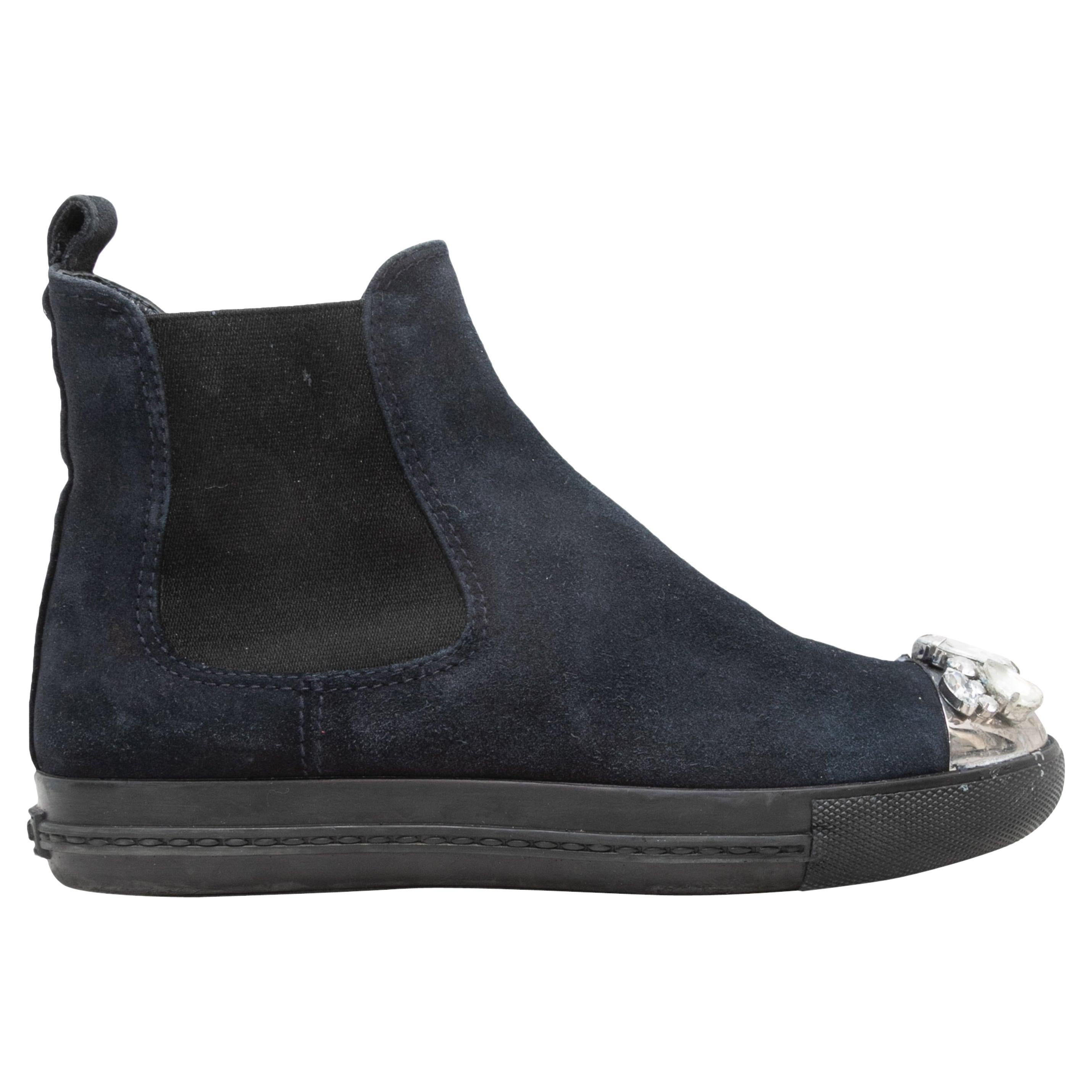 Navy Miu Miu Suede Embellished High-Top Sneakers Size 38.5 For Sale