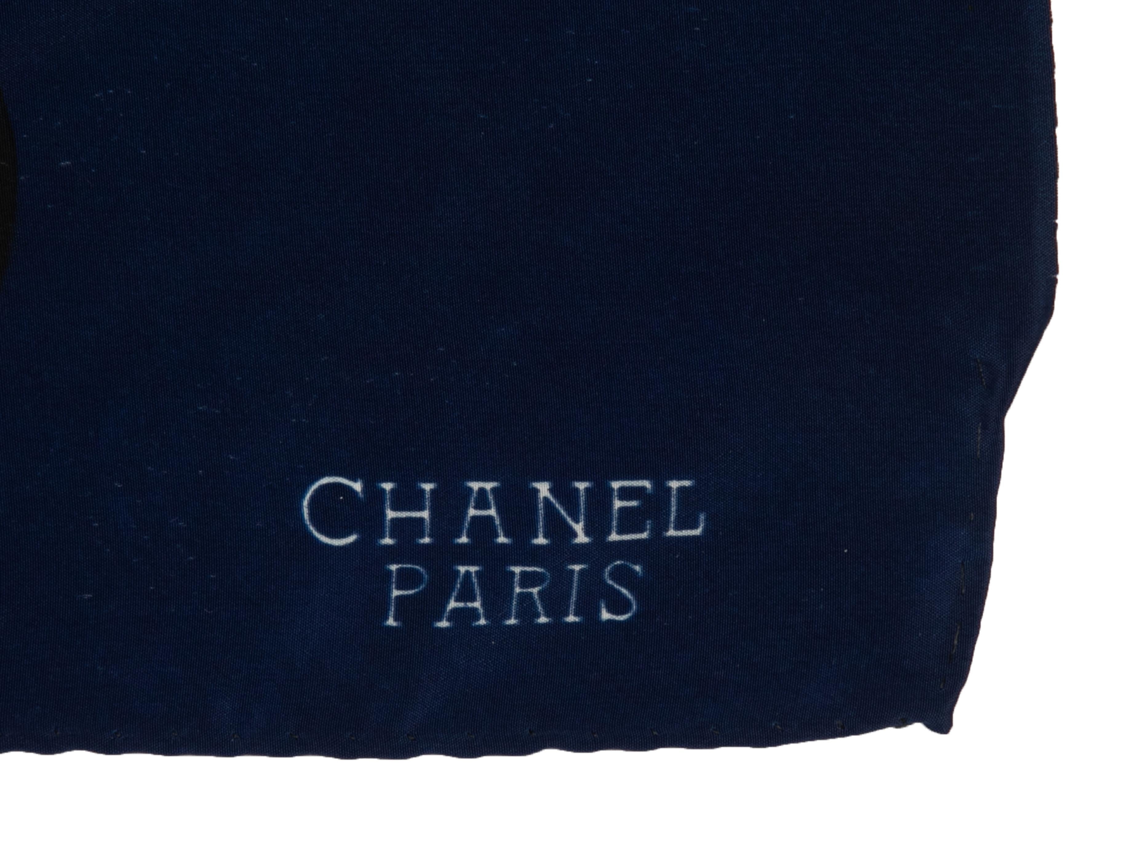 Product Details: Navy and multicolor medallion and chain print scarf by Chanel. 34