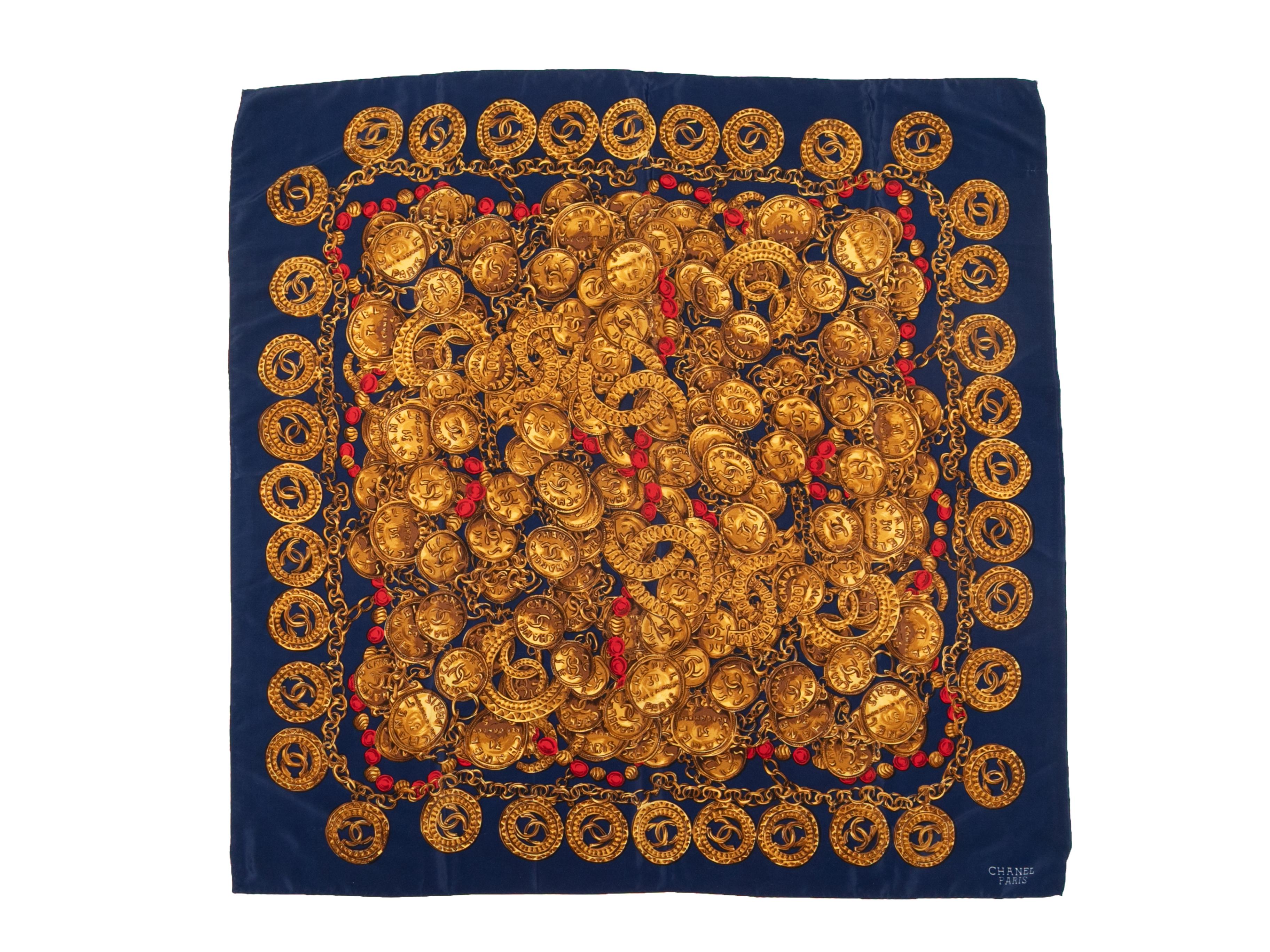 Brown Navy & Multicolor Chanel Medallion & Chain Print Scarf For Sale