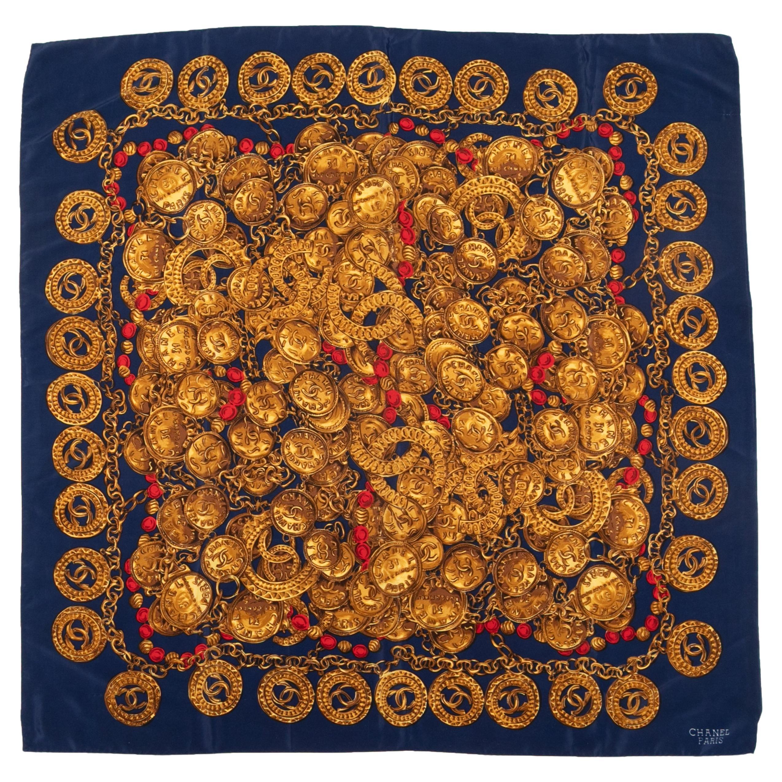 Navy & Multicolor Chanel Medallion & Chain Print Scarf For Sale