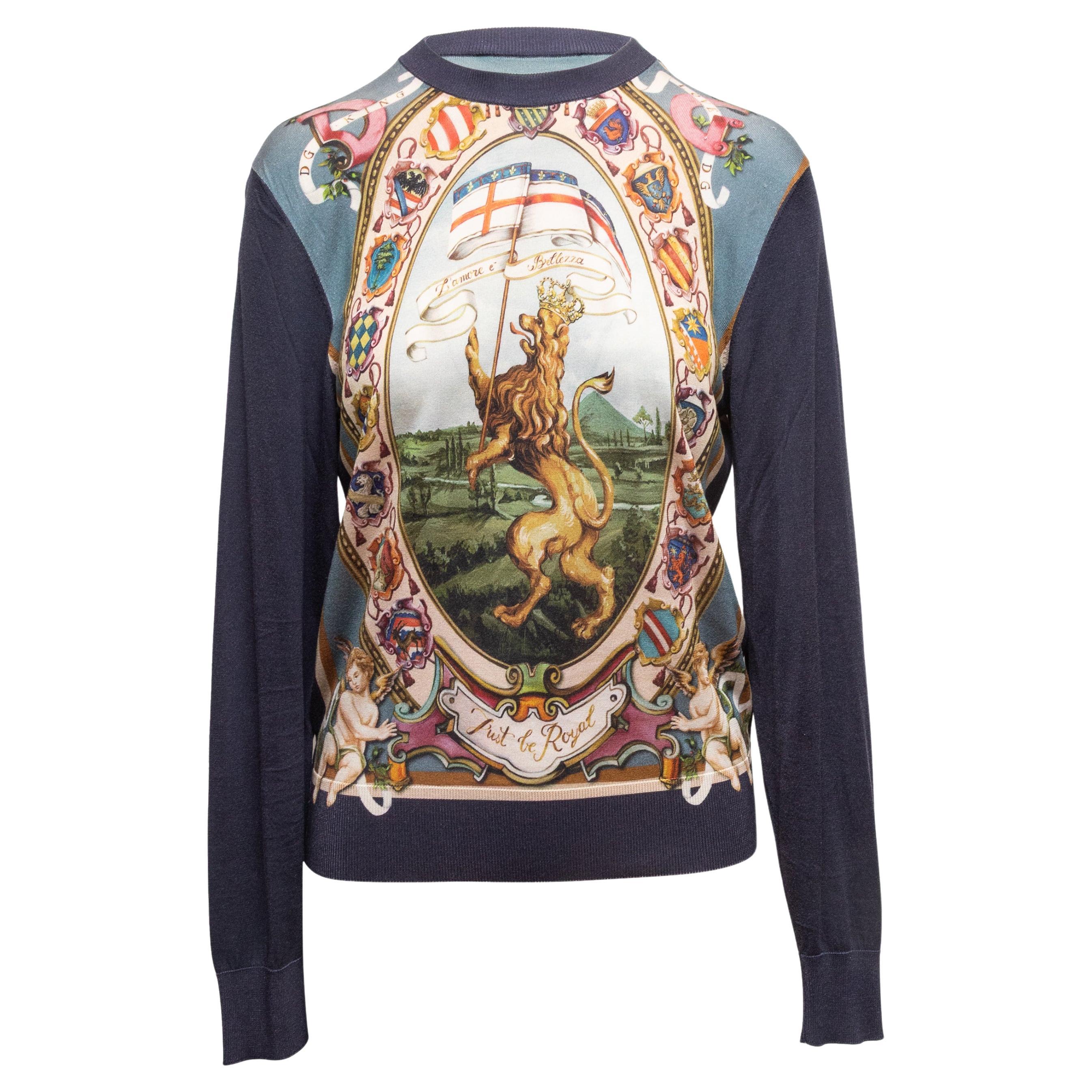 Navy & Multicolor Dolce & Gabbana Lion & Cherub Motif Printed Sweater Size US S