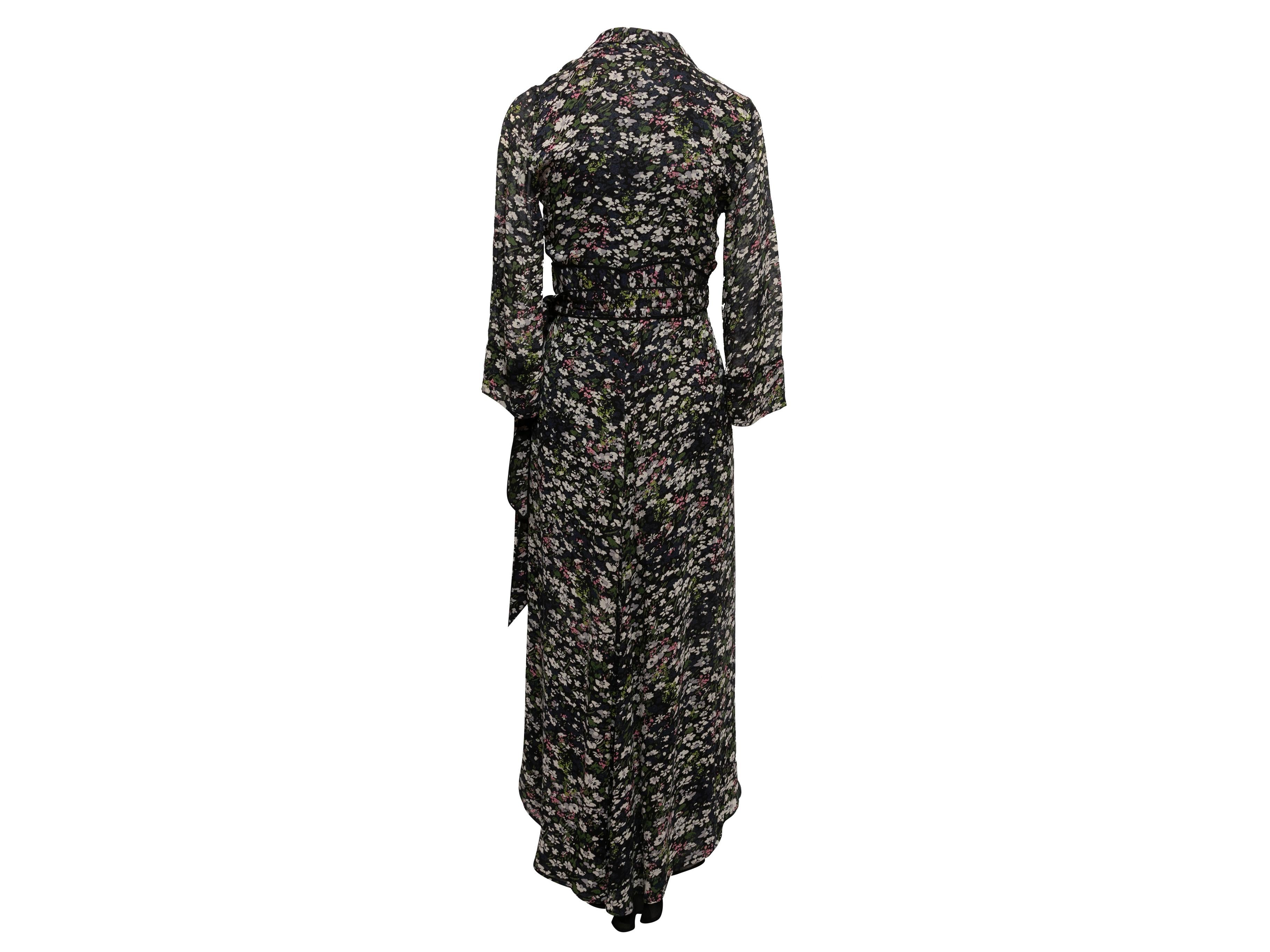 Navy & Multicolor Ganni Floral Print Wrap Dress Size EU 34 In Good Condition For Sale In New York, NY