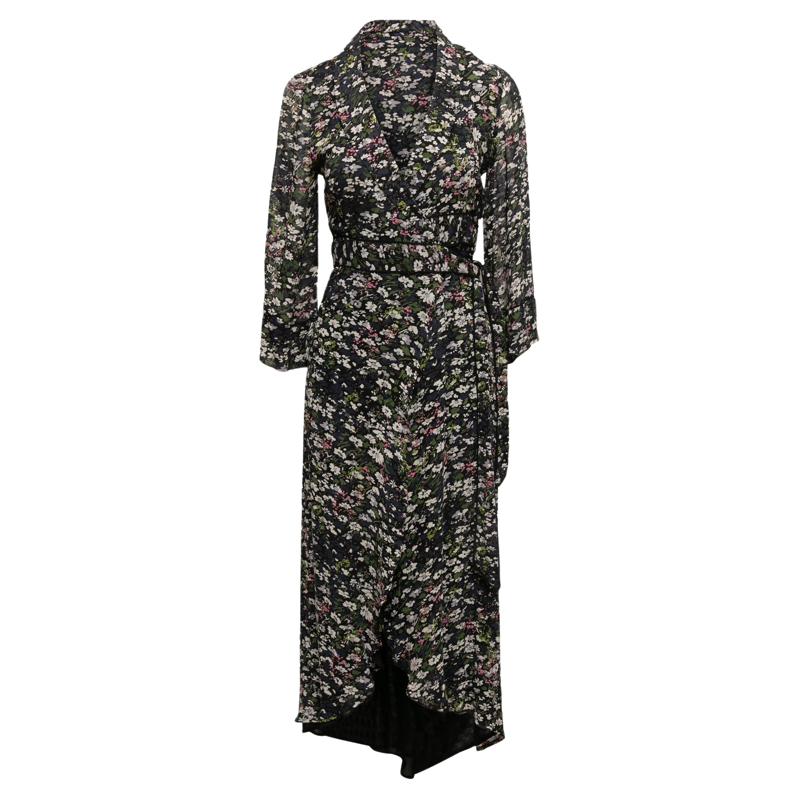 Navy & Multicolor Ganni Floral Print Wrap Dress Size EU 34 For Sale