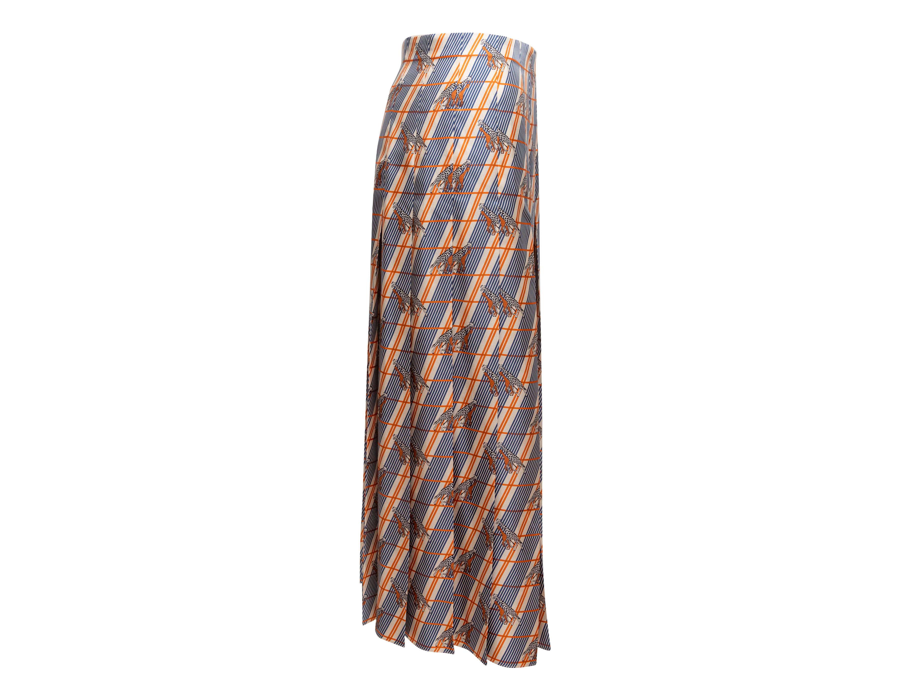 Brown Navy & Multicolor Gucci Silk Striped Giraffe Print Pleated Skirt Size IT 42 For Sale