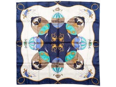 Navy & Multicolor Hermes Air Balloons Motif Printed Silk Scarf