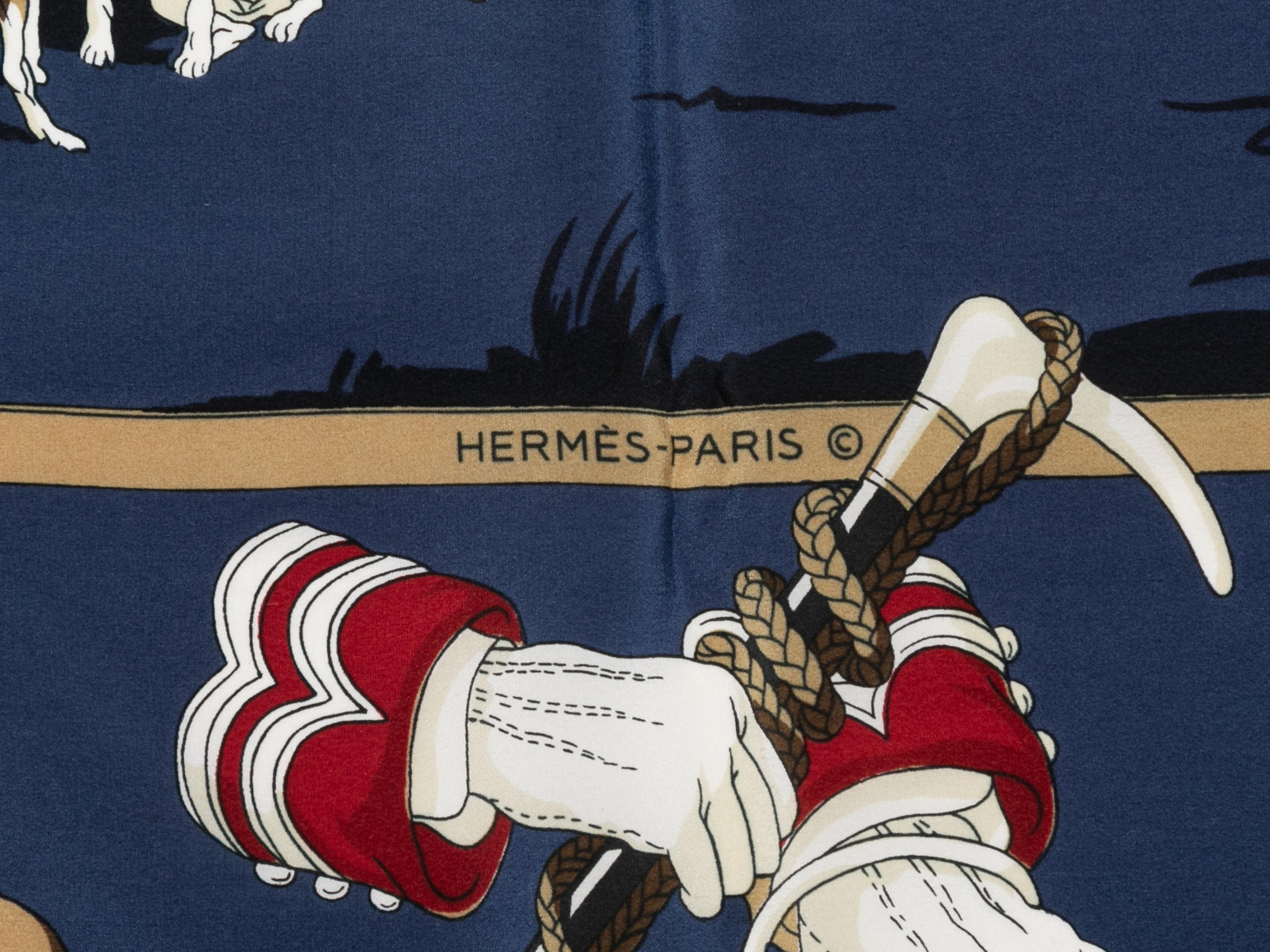 Navy and multicolor hunting dog motif print silk scarf by Hermes. 31.5