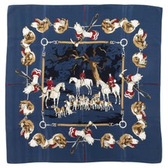 Sciarpa di seta Hermes con motivo di cani da caccia, blu e multicolore
