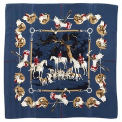 Navy & Multicolor Hermes Hunting Dog Motif Silk Scarf