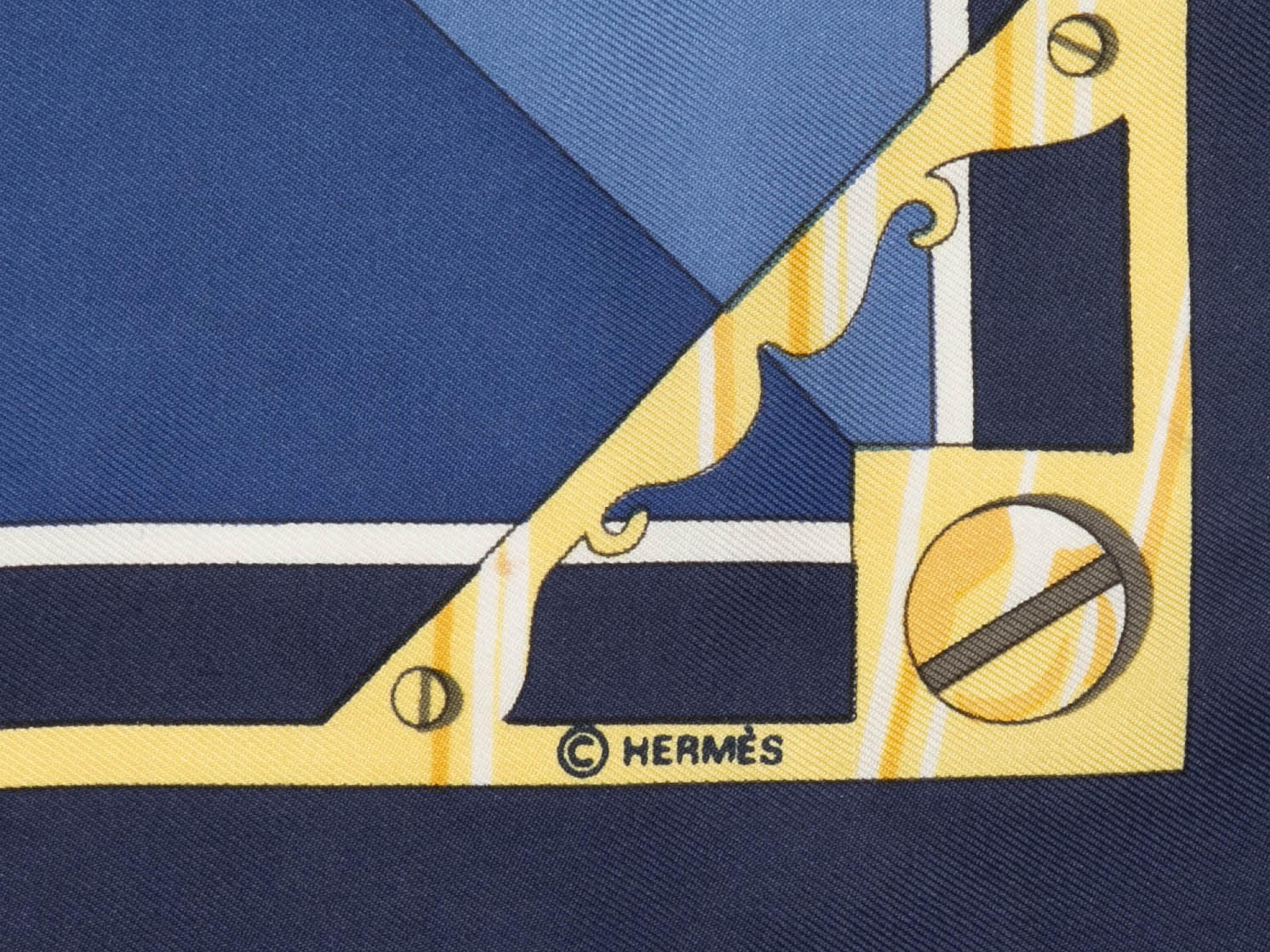 Navy and multicolor Sextants motif printed silk scarf by Hermes. 35