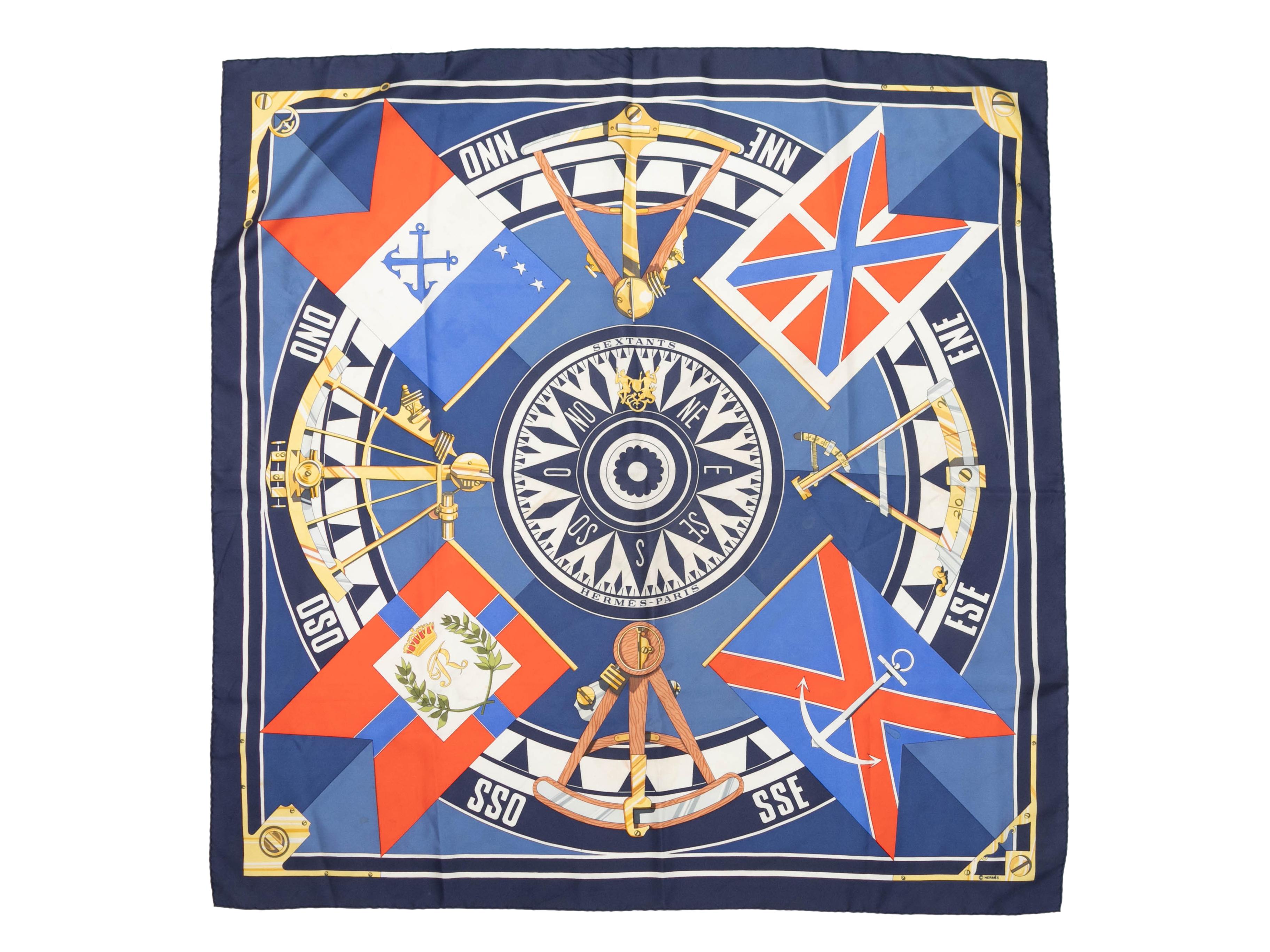 Navy & Multicolor Hermes Sextants Motif Printed Silk Scarf In Good Condition For Sale In New York, NY