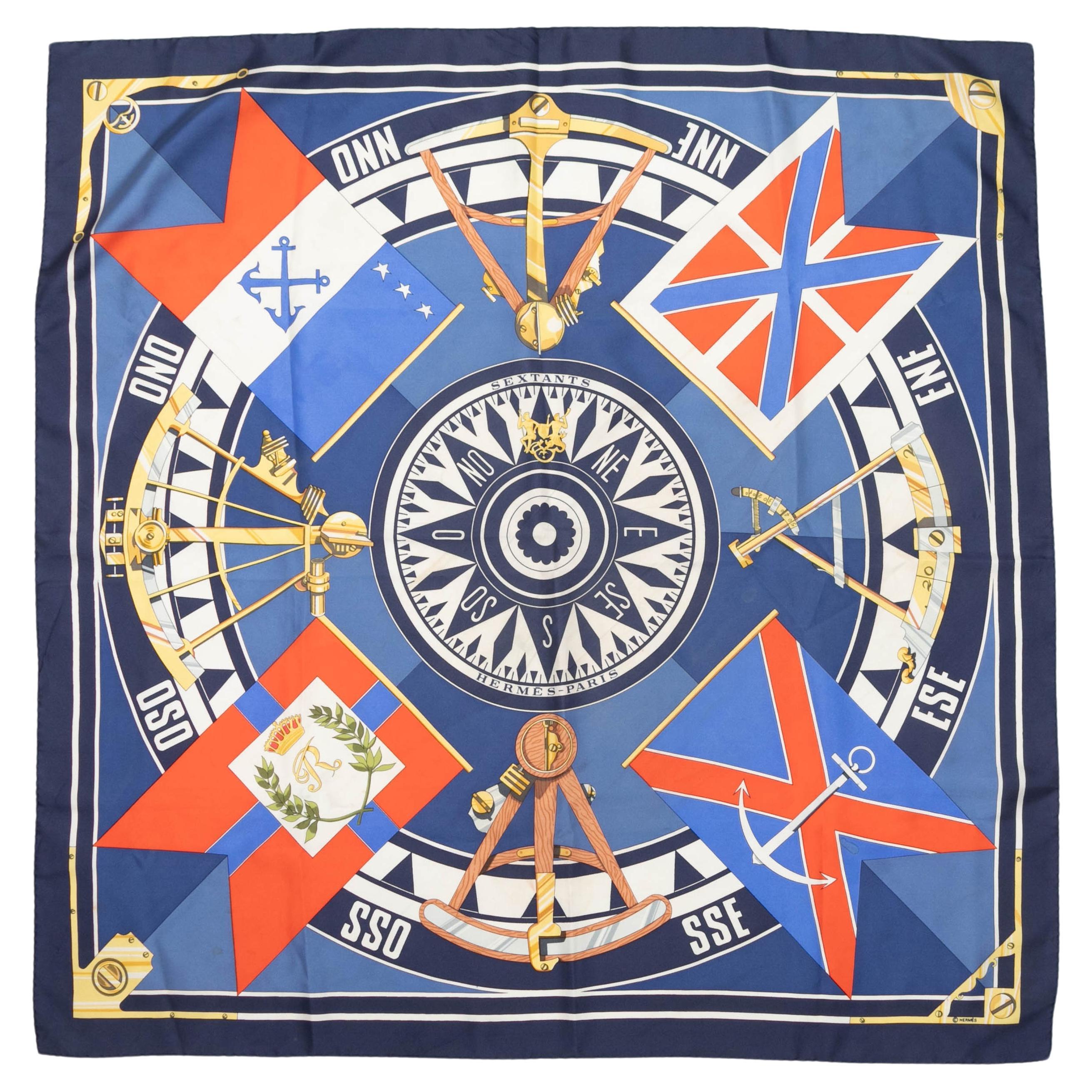 Navy & Multicolor Hermes Sextants Motif Printed Silk Scarf For Sale