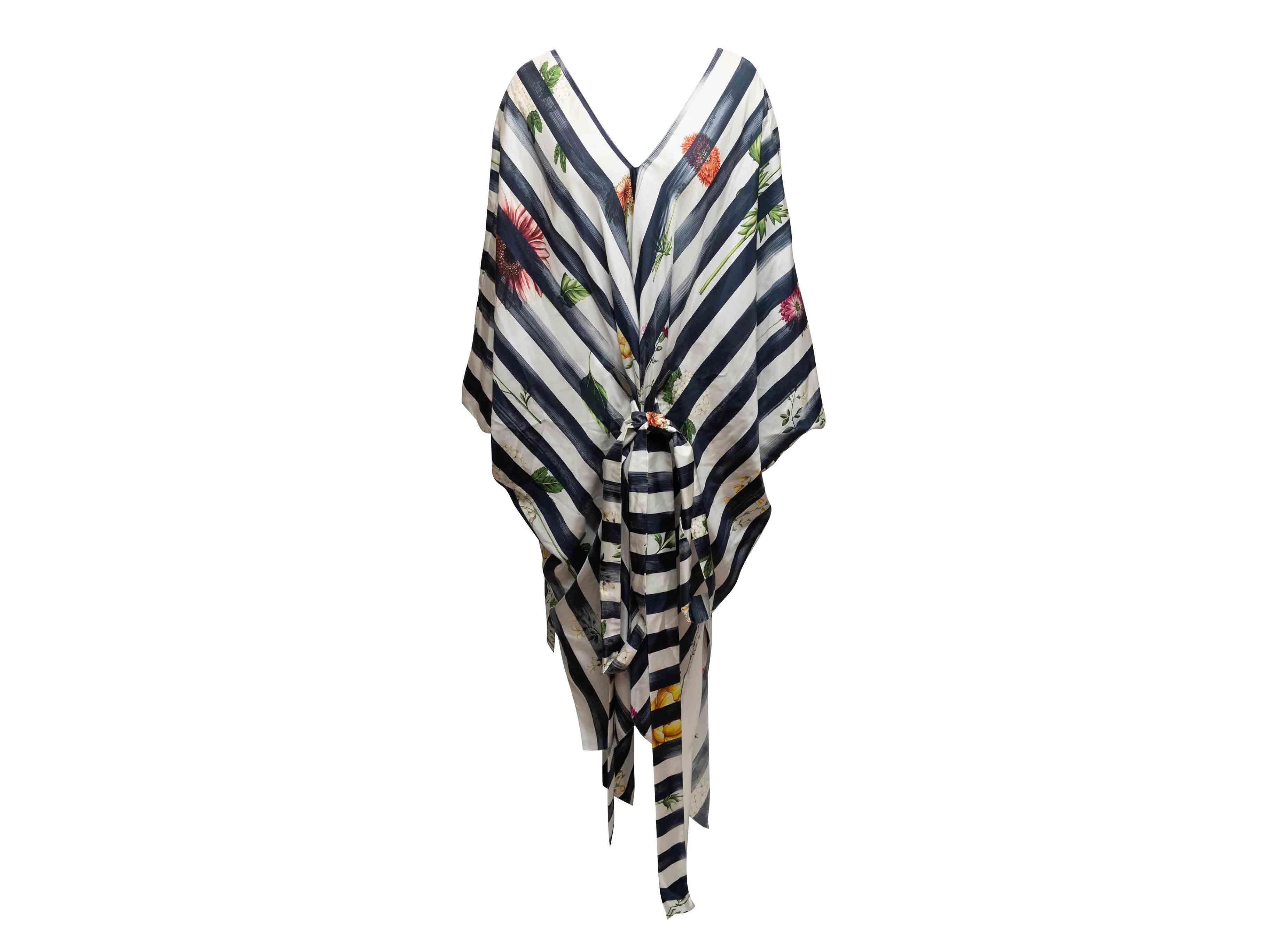 Noir Caftan en soie rayée marine et multicolore Oscar De La Renta Taille US M/L en vente