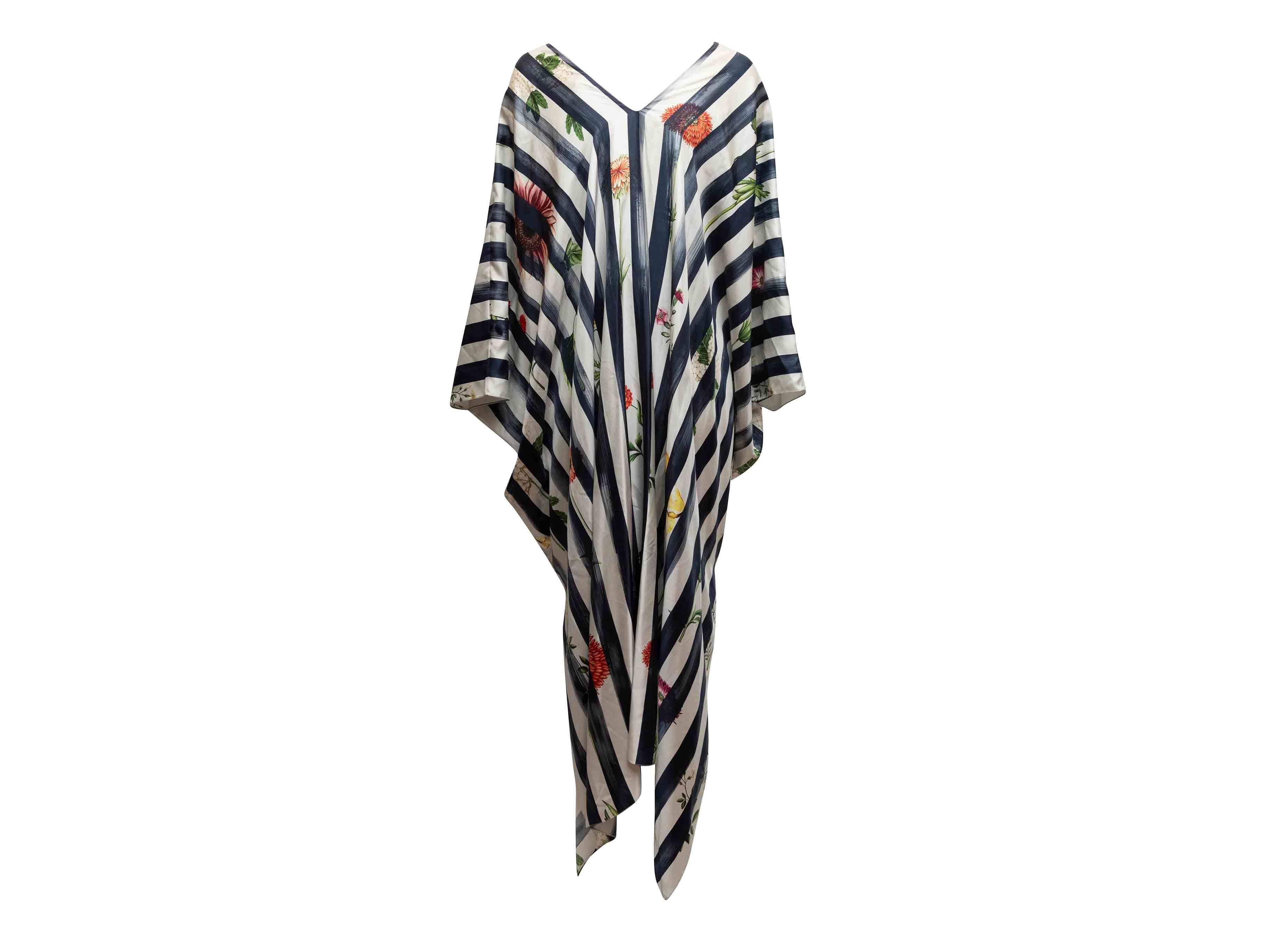 Caftan en soie rayée marine et multicolore Oscar De La Renta Taille US M/L en vente