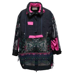 Marineblauer & mehrfarbiger Sacai durchsichtig bestickter Windbreaker Designer Größe 4