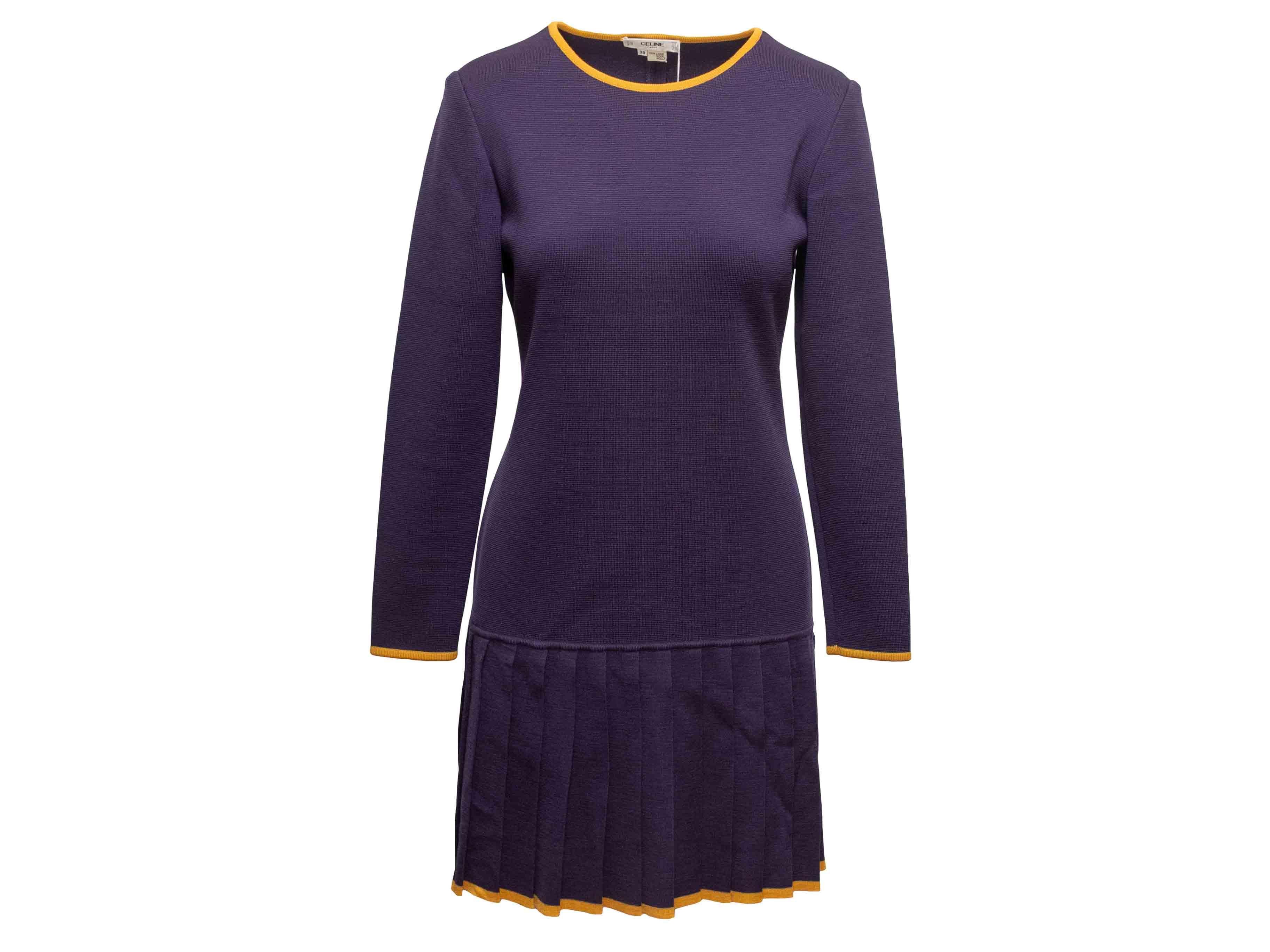 Langärmeliges Kleid aus marineblauem und senfgelbem Wollstrick von Celine. Rundhalsausschnitt. Plissee-Rock. Reißverschluss am Rücken. 34