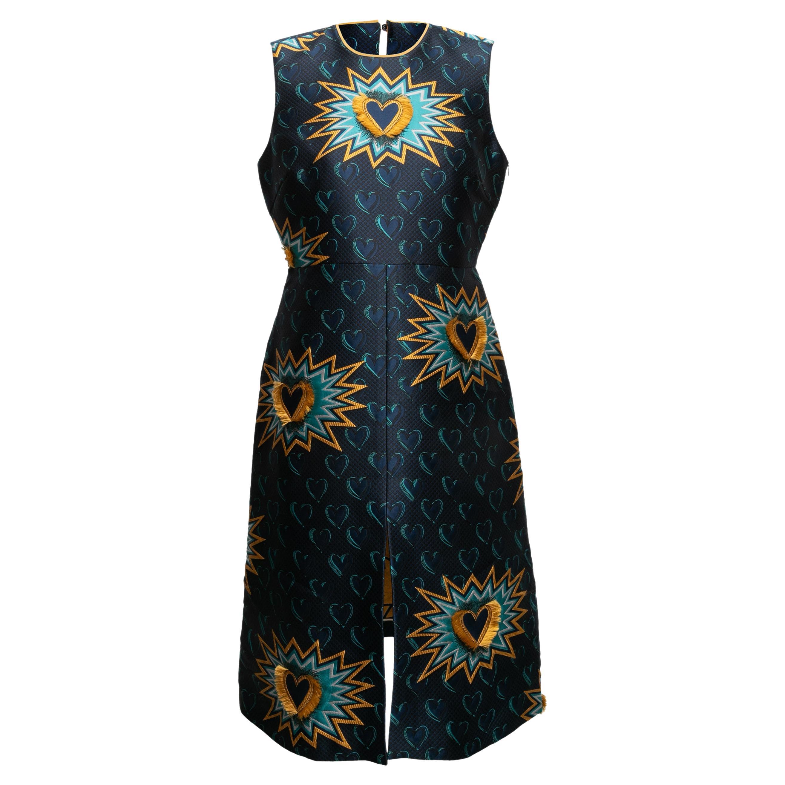Navy & Mustard Fendi Jacquard Heart Sleeveless Dress Size IT 46