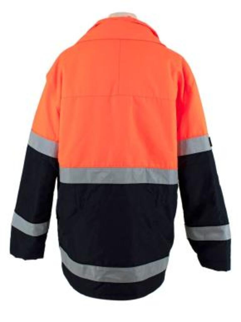 Vetements Navy & Orange Worker Jacket
 

 - Fluorescent orange, navy and reflective grey workwear style jacket 
 - Thick canvas heavyweight jacket with padding
 - Hidden zip and button closure down the front 
 - 2 large front pockets, 2 large chest