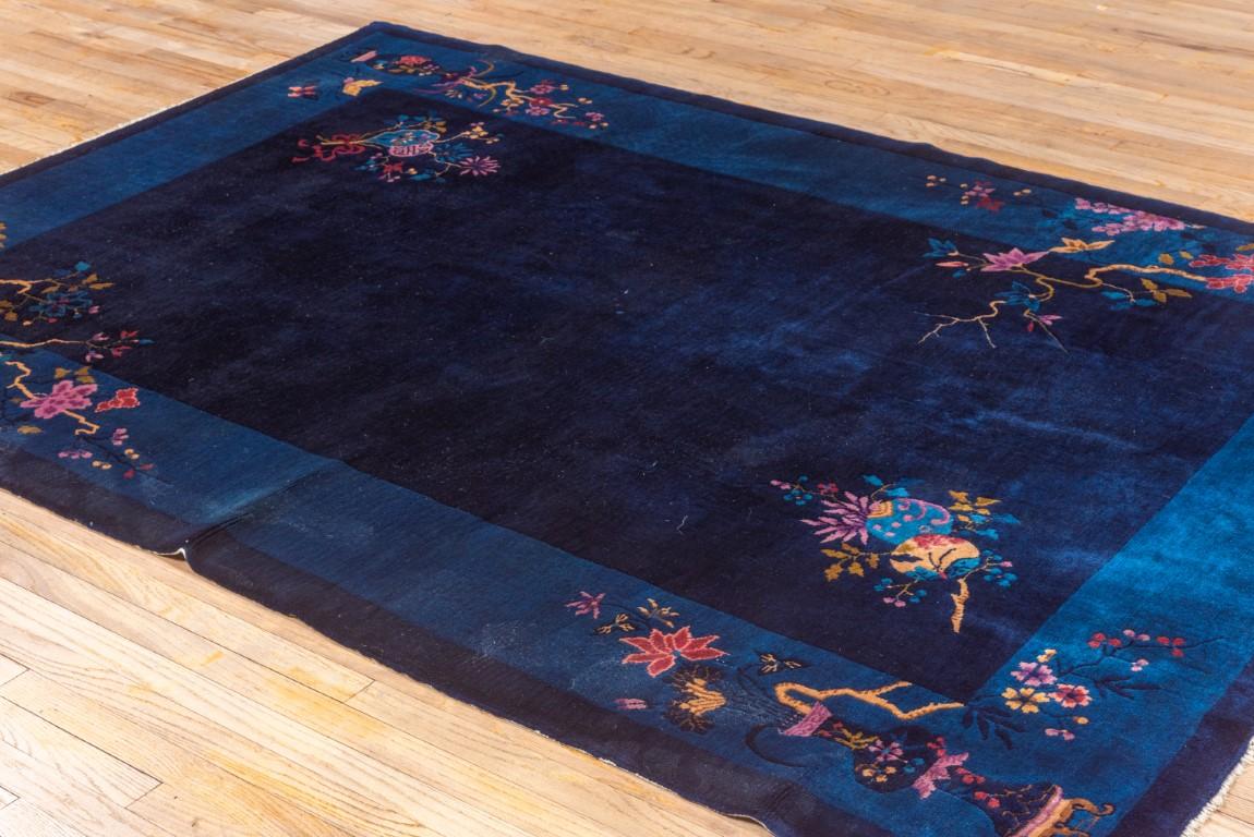 Navy Open Field Antique Chinese Rug with Contrasting Light Colors For Sale 2
