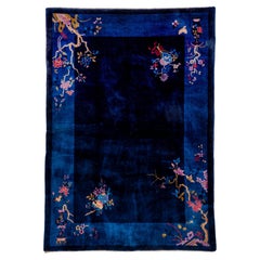 Navy Open Field Antique Chinese Rug with Contrasting Light Colors