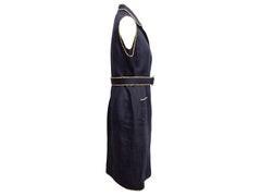 Navy Oscar de la Renta Plaid-Trimmed Belted Sleeveless Dress Size US 14
