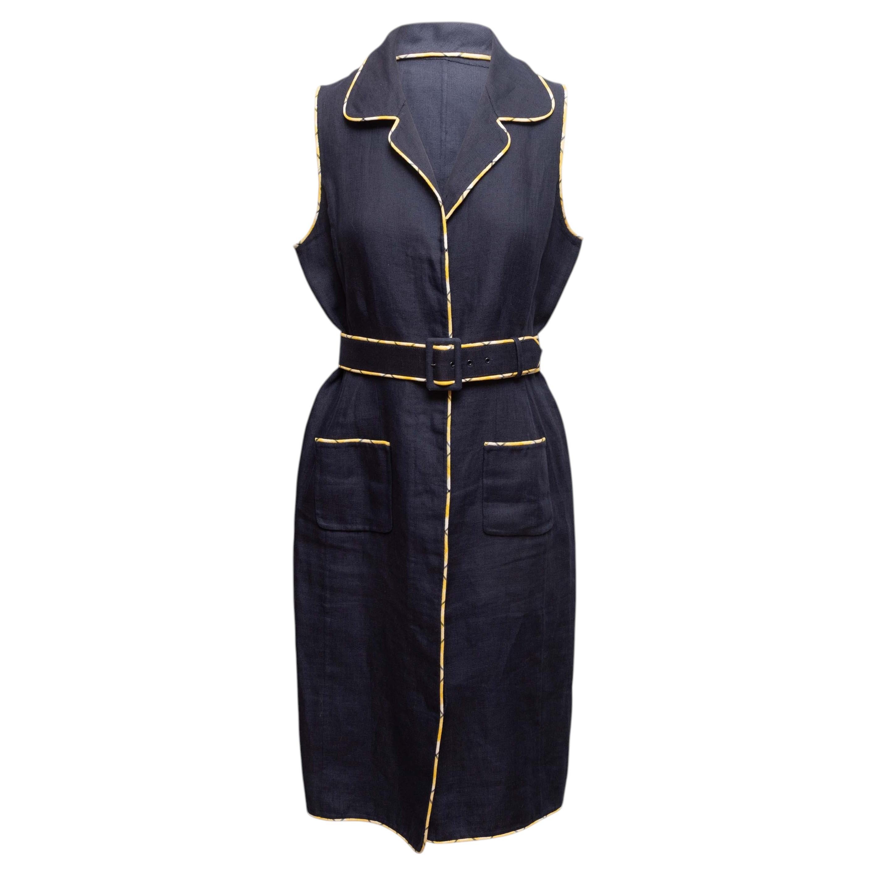 Navy Oscar de la Renta Plaid-Trimmed Belted Sleeveless Dress Size US 14