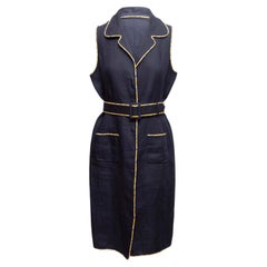 Navy Oscar de la Renta Plaid-Trimmed Belted Sleeveless Dress Size US 14