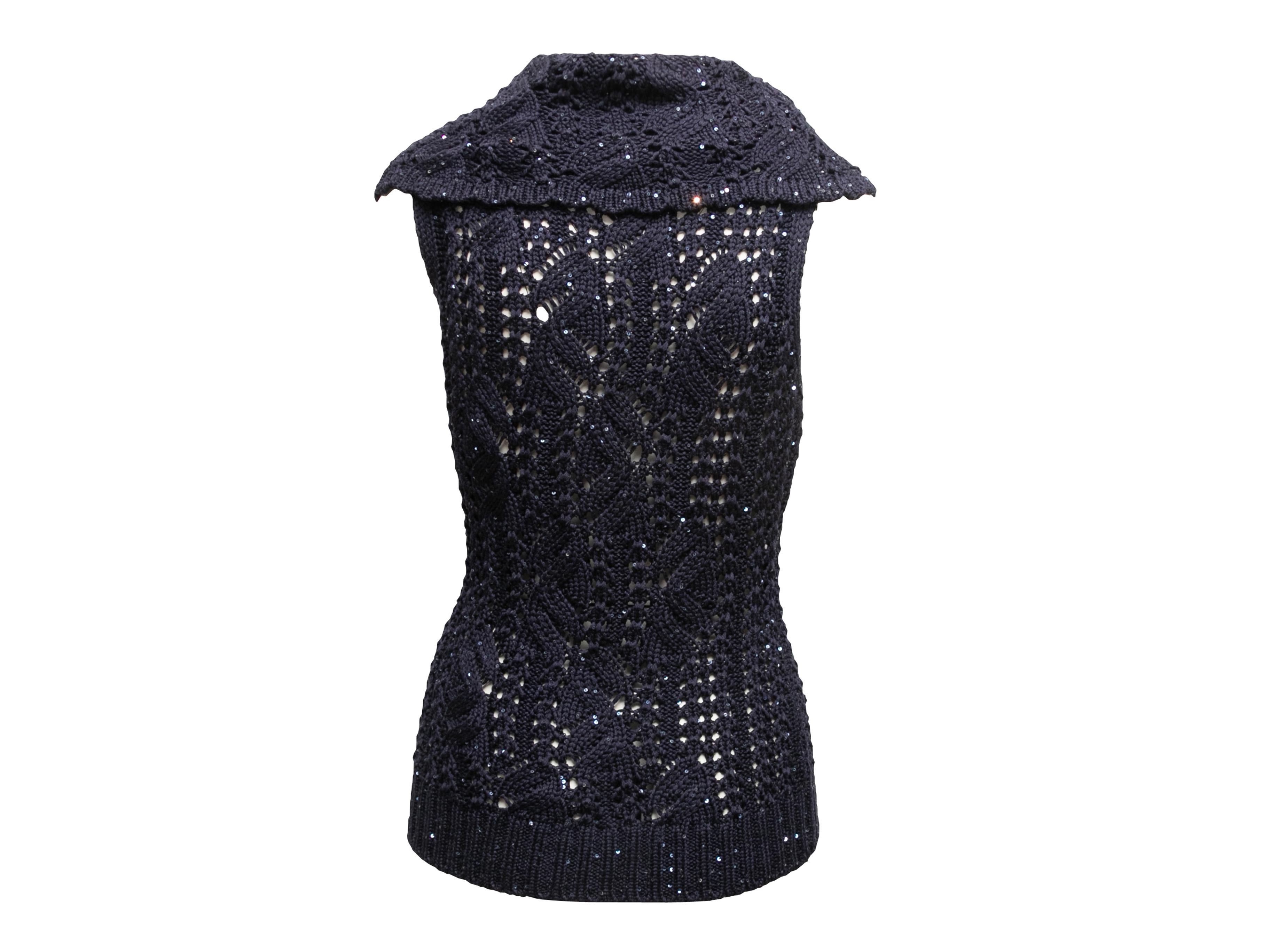 Azul marino Oscar De La Renta Primavera/Verano 2013 Top de seda de punto abierto Talla US M Negro