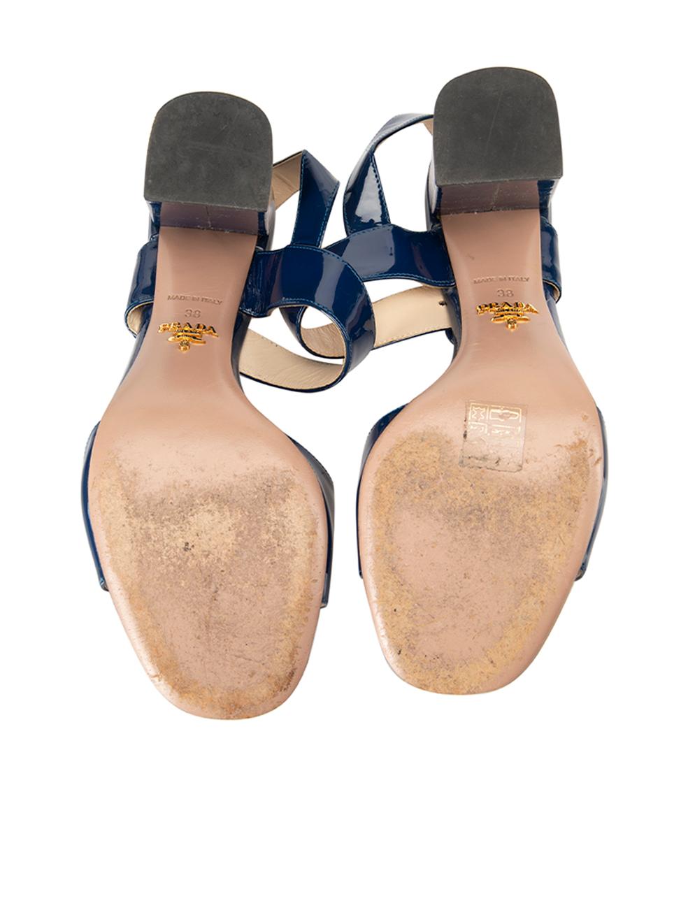 Women's Navy Patent Leather Block Heel Square Toe Sandals Size IT 38