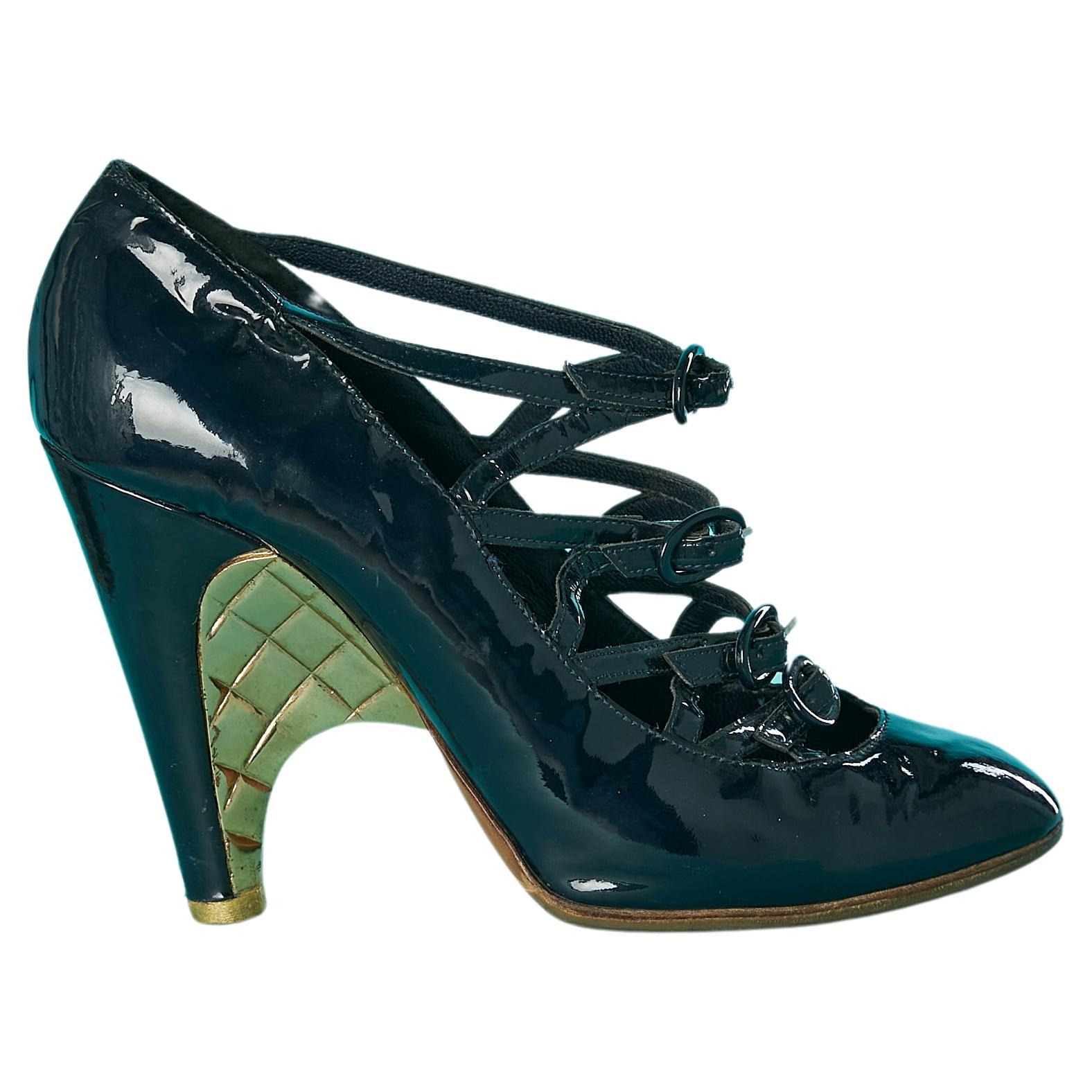 Navy patent leather pump with multi-buckles and gold metal heels Chanel  For Sale