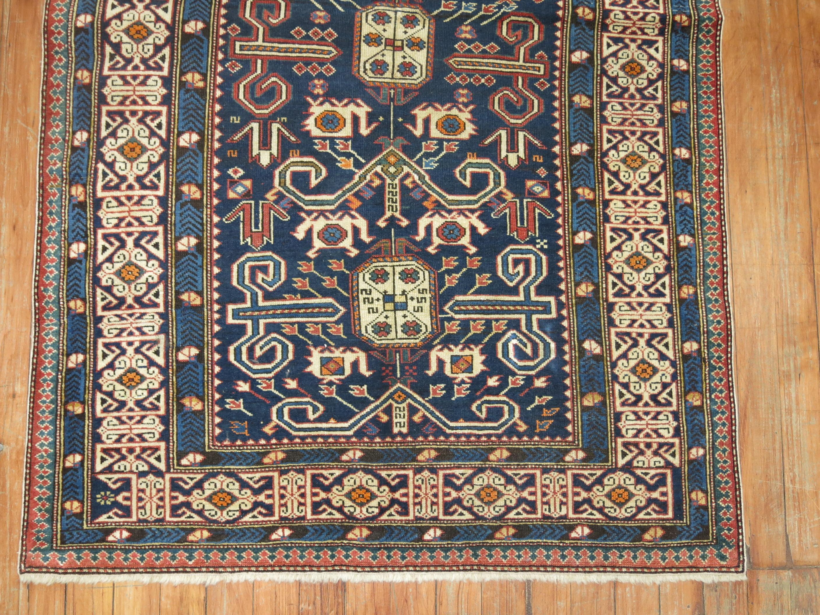 Hand-Knotted Navy Perpedil Antique Caucasian 19th Century Rug