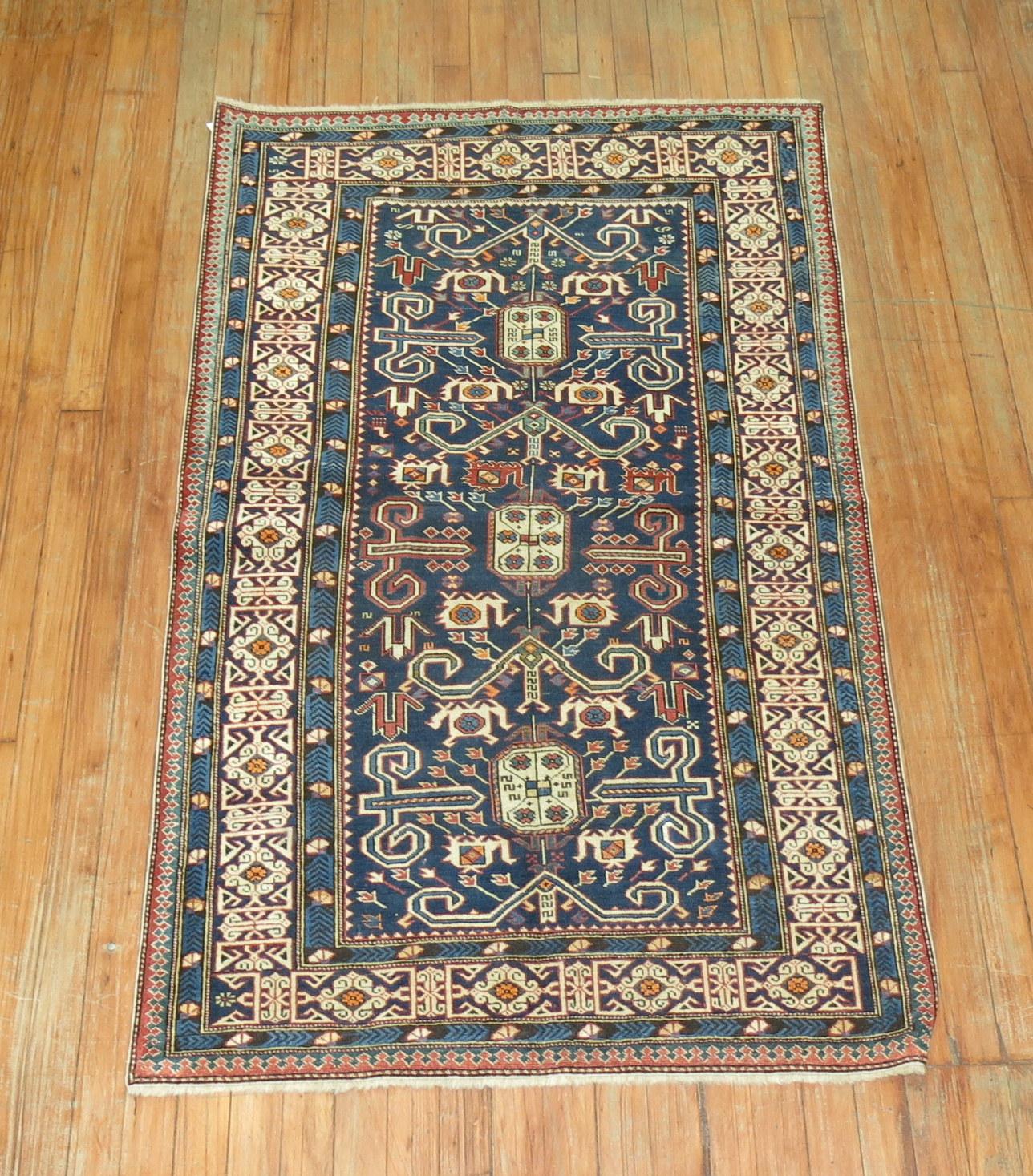 Navy Perpedil Antique Caucasian 19th Century Rug In Good Condition In New York, NY