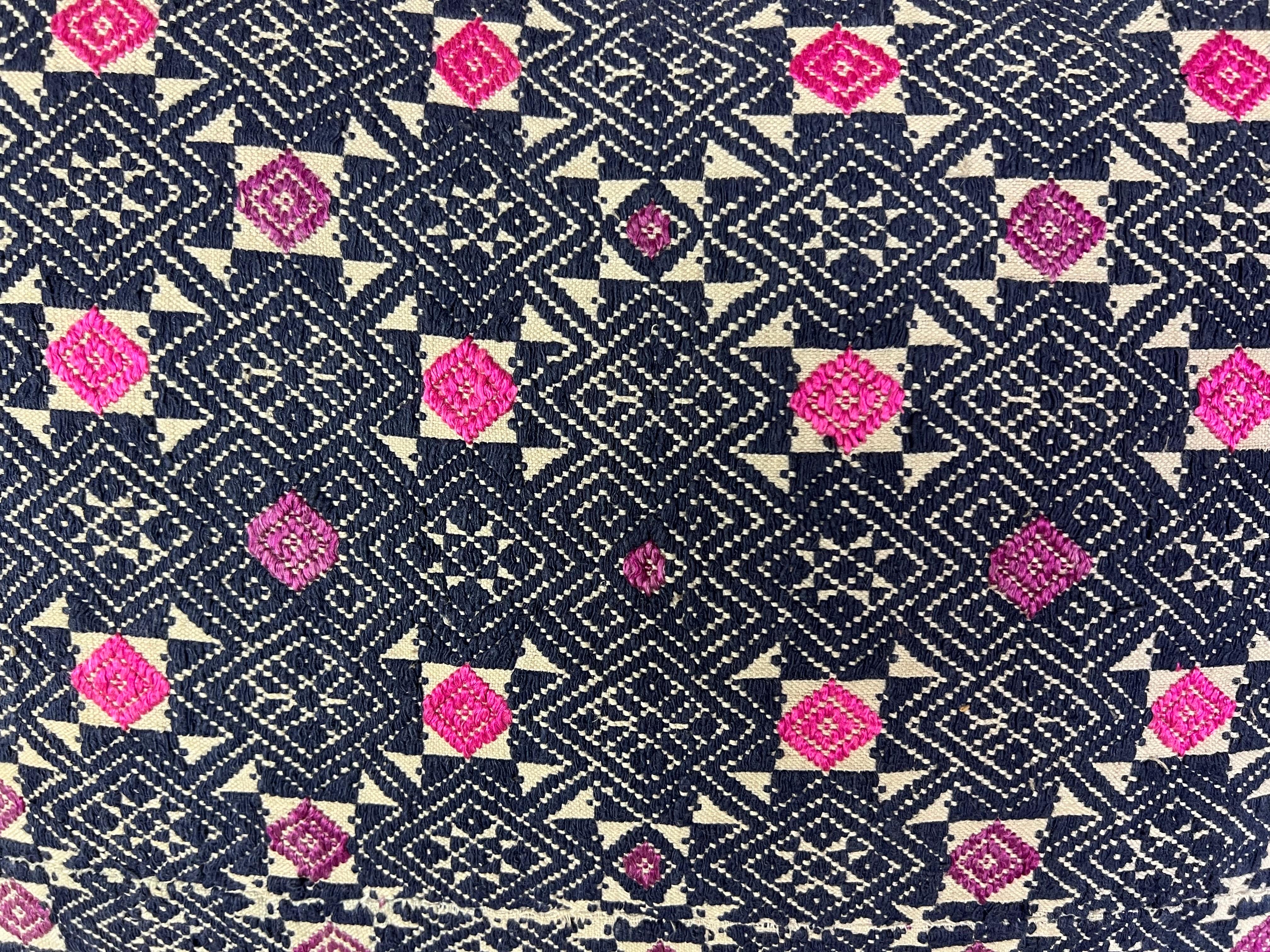 Asian Navy & Pink Geometric Woven Tribal Pillow For Sale