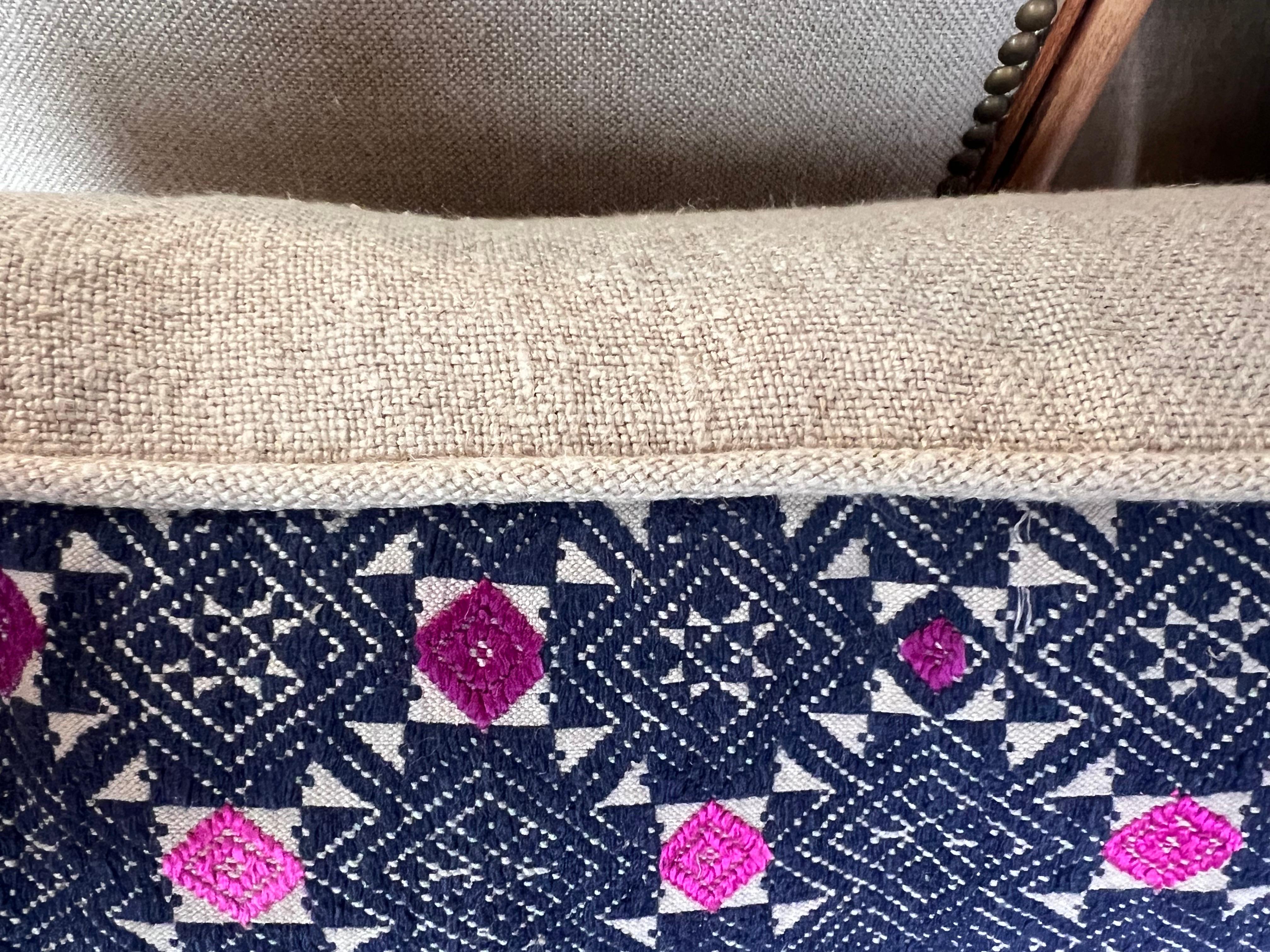 Hand-Woven Navy & Pink Geometric Woven Tribal Pillow For Sale