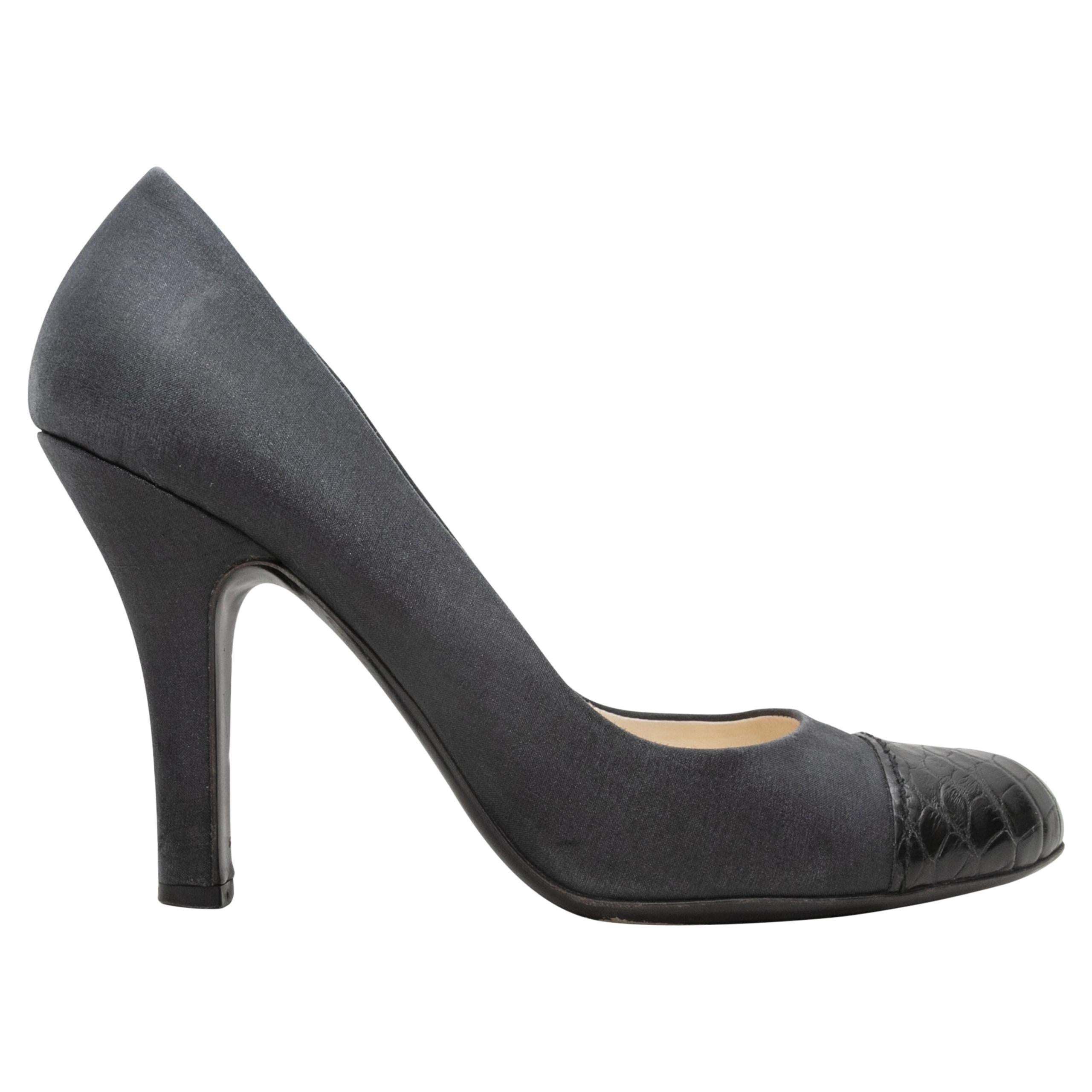 Navy Prada Satin & Embossed Leather Cap-Toe Pumps Size 37.5 For Sale