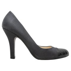 Navy Prada Satin & Embossed Leather Cap-Toe Pumps Size 37.5