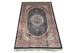 Navy Pure Silk Turkish Rug, 1000 KPSI