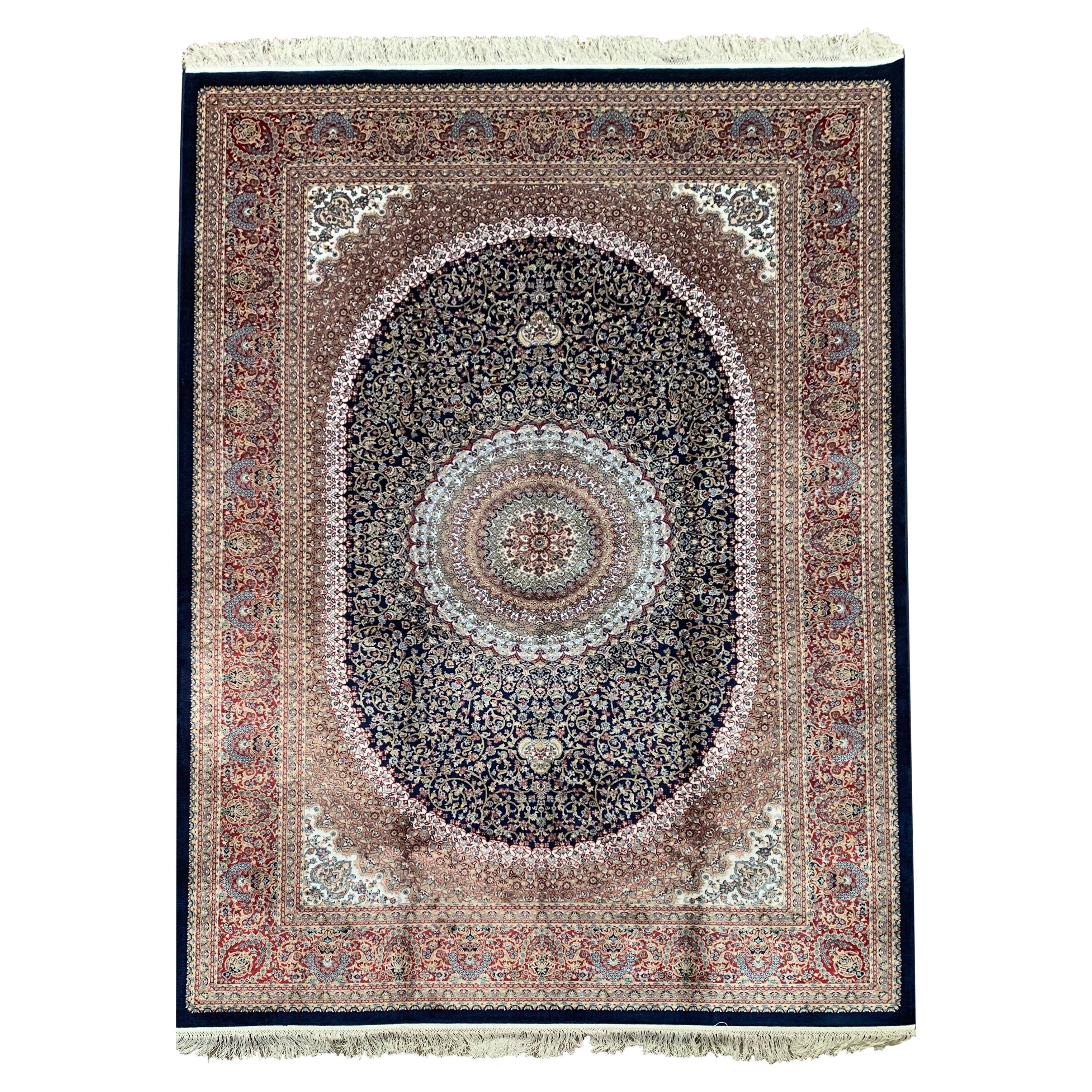 Türkischer Teppich aus reiner Seide, Navy, 1000 KPSI