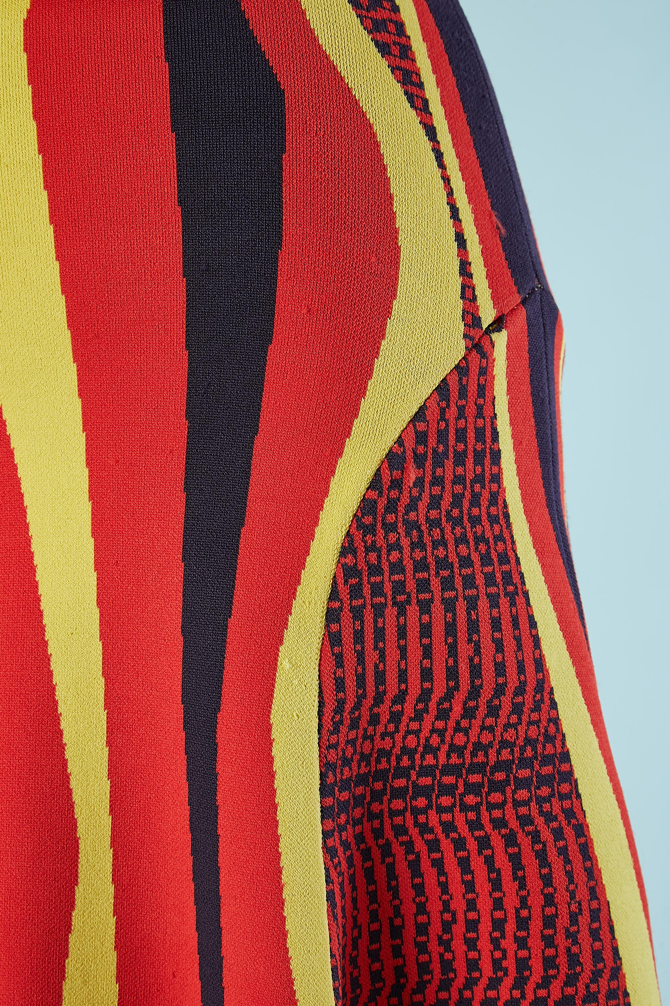 Red Navy, red and yellow jacquard rayon knit dress Versace Collection For Sale